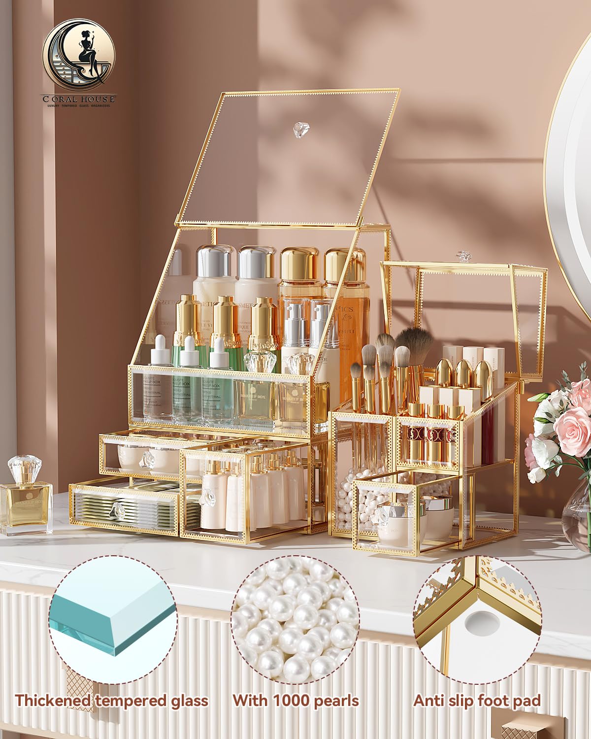 Premium Clear Glass Makeup Organizer - Multi-Purpose Vanity & Bathroom Cosmetic Storage for Countertop, Dresser, and Travel | Luxury High-End Cosmetic Display Case for Makeup Brushes, Lipsticks & Skincare Products