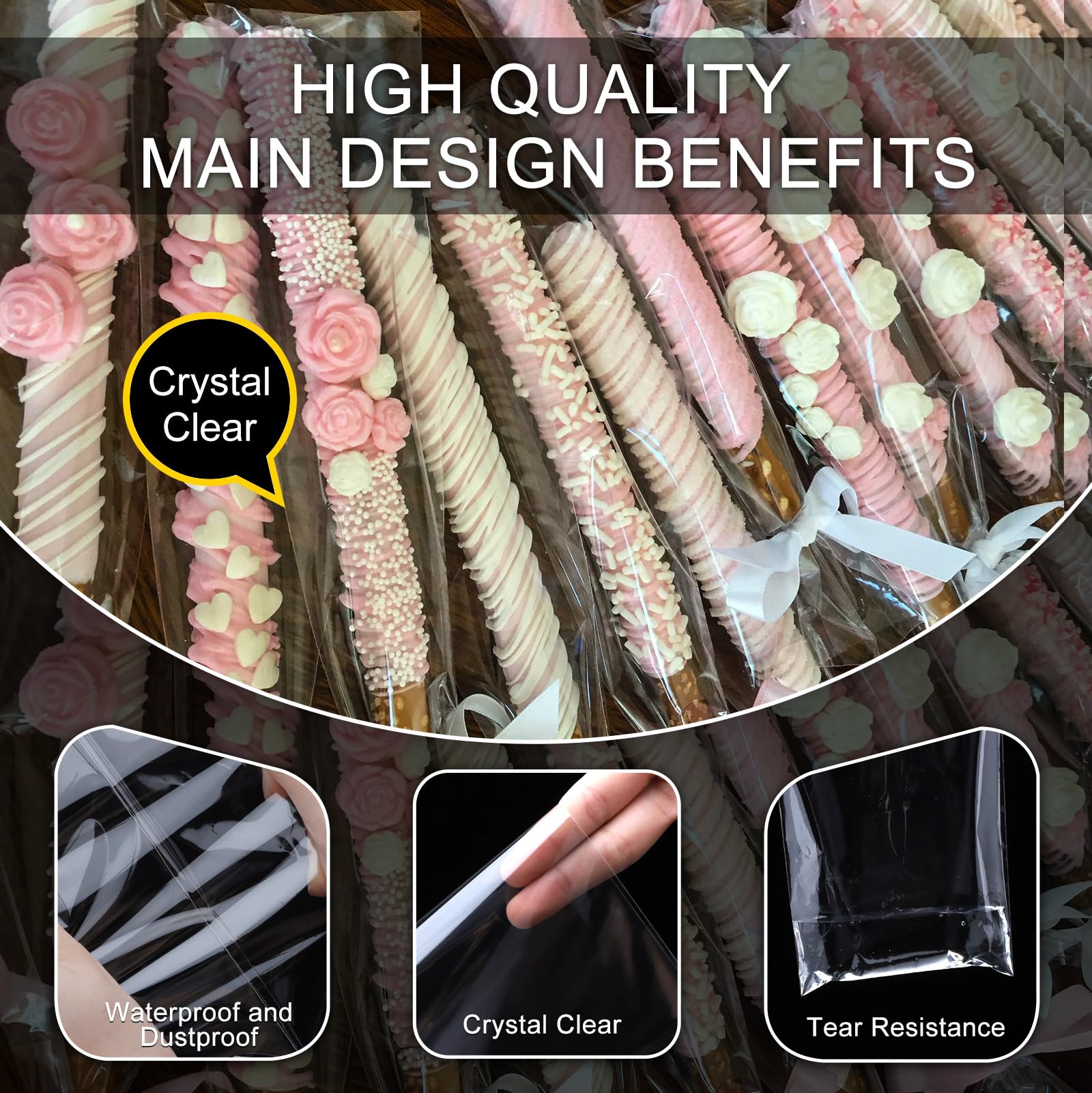 200pcs 3x11 Inch Clear Pretzel Rod Bags - Cellophane Candy Bags with Ties for Party Favors, Cake Pops, Gift Wrapping & Apple Treats | Perfect for Birthday Parties, Baby Showers & Holiday Gifting