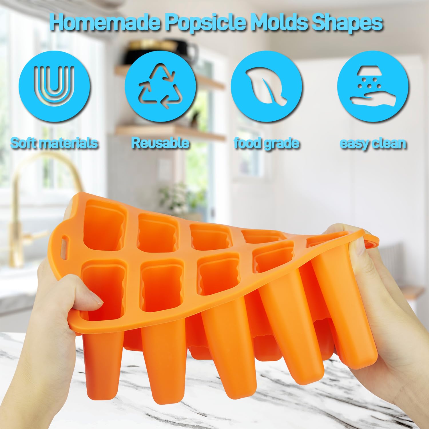 BPA-Free Silicone Popsicle Molds - 10 Cavity Reusable Ice Pop Molds with Sticks for Homemade Frozen Treats | Food Grade Safe | Perfect for Summer Snacks, Kids Parties & Healthy Desserts (Orange)