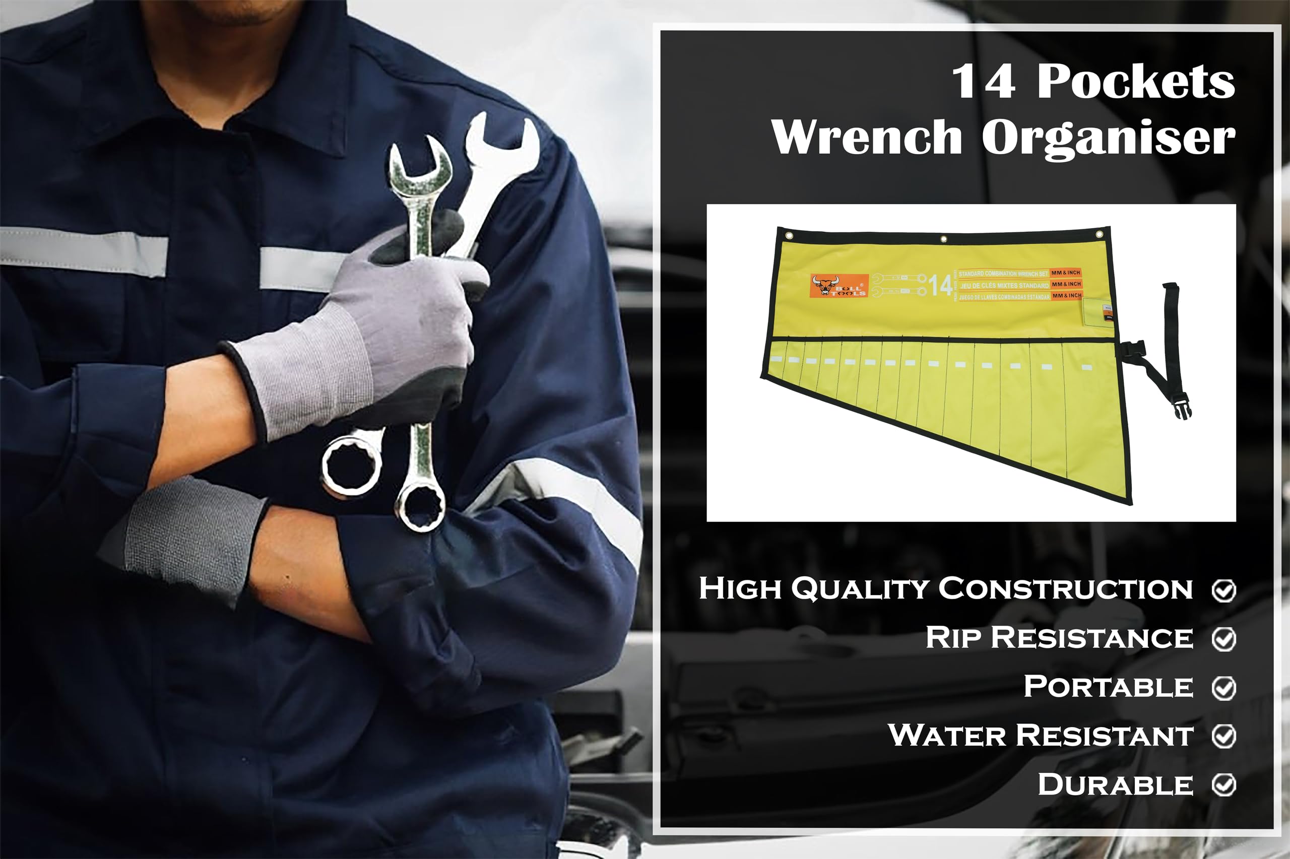 Heavy-Duty Roll-Up Tool Bag - 14 Pocket Wrench Organizer | Waterproof Canvas Pouch for Mechanics & DIYers | Workshop & Job Site Use
