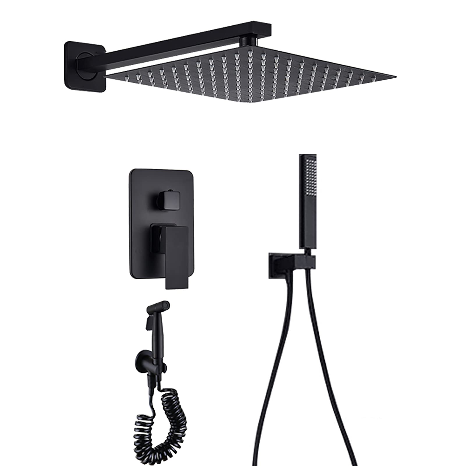 Black Wall Mounted Single Handle Rain Shower System - Brass Mixer Shower Combo with Square Rain Shower Head, Handheld Shower & Bidet Sprayer (16 Inch) for Modern Bathroom, Spa-Like Shower Experience