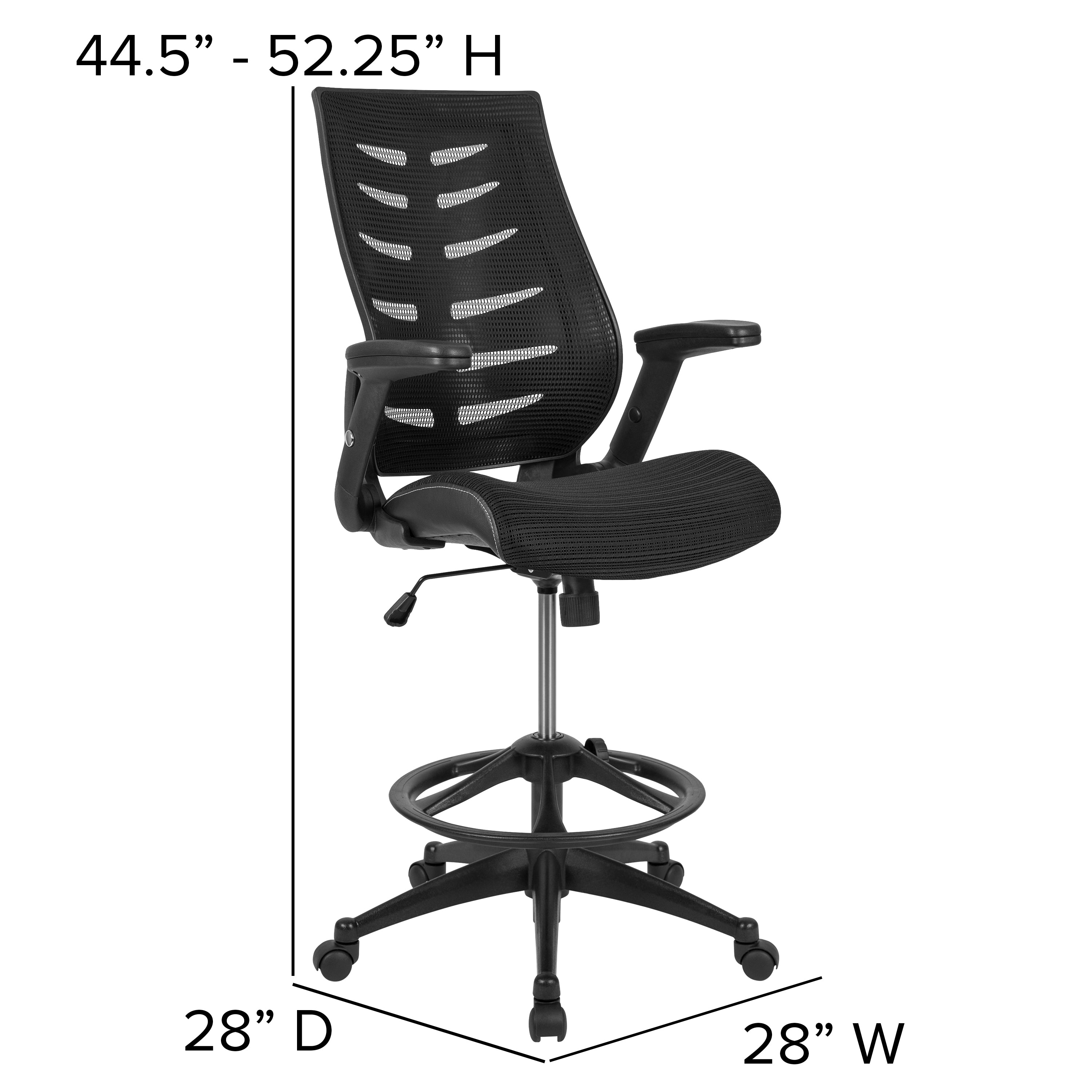 FLASH Kale High Back Ergonomic Drafting Chair - Adjustable Mesh Spine Support, Foot Ring & Flip-Up Arms - Perfect for Office, Gaming & Home Workspaces