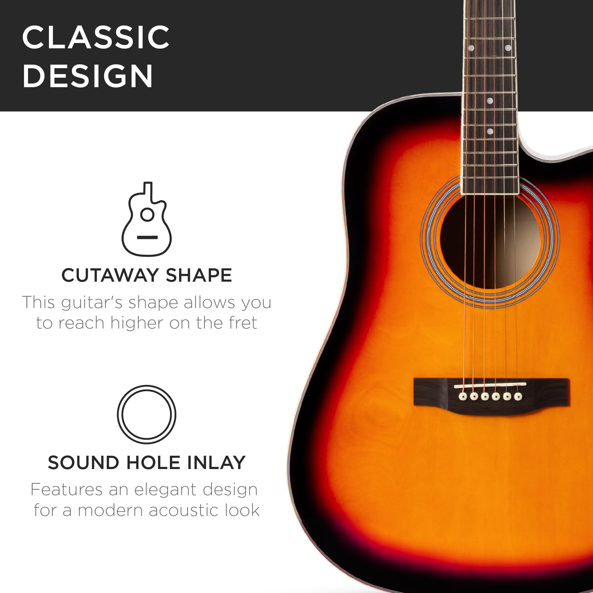 Best Choice Products 41-inch Full Size Beginner Acoustic Guitar Set - All Wood Cutaway Design with Case, Strap, Capo, Strings & Picks (Sunburst) | Perfect for Learning, Practice & Live Performances