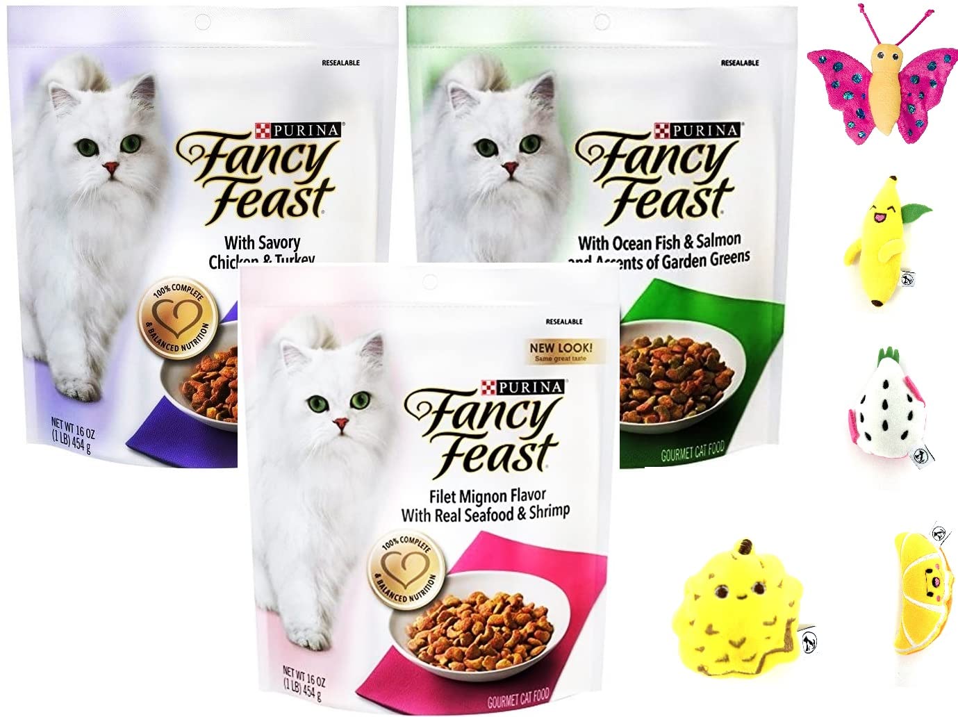 Fancy Feast Gourmet Dry Cat Food Variety Pack - Filet Mignon, Ocean Fish & Salmon, Chicken & Turkey Flavors | Premium Cat Kibble with Free Catnip Toy | Perfect for Multi-Cat Households & Picky Eaters