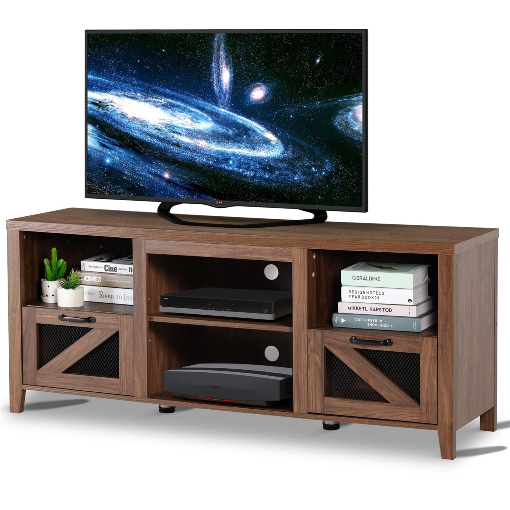 Modern TV Stand for 55-58 Inch TVs - Mid Century Entertainment Center with Adjustable Shelves, Wood TV Console Table for Living Room & Bedroom (Clamshell Door, Brown) - Perfect for Home Theater Setup & Stylish Living Space Organization