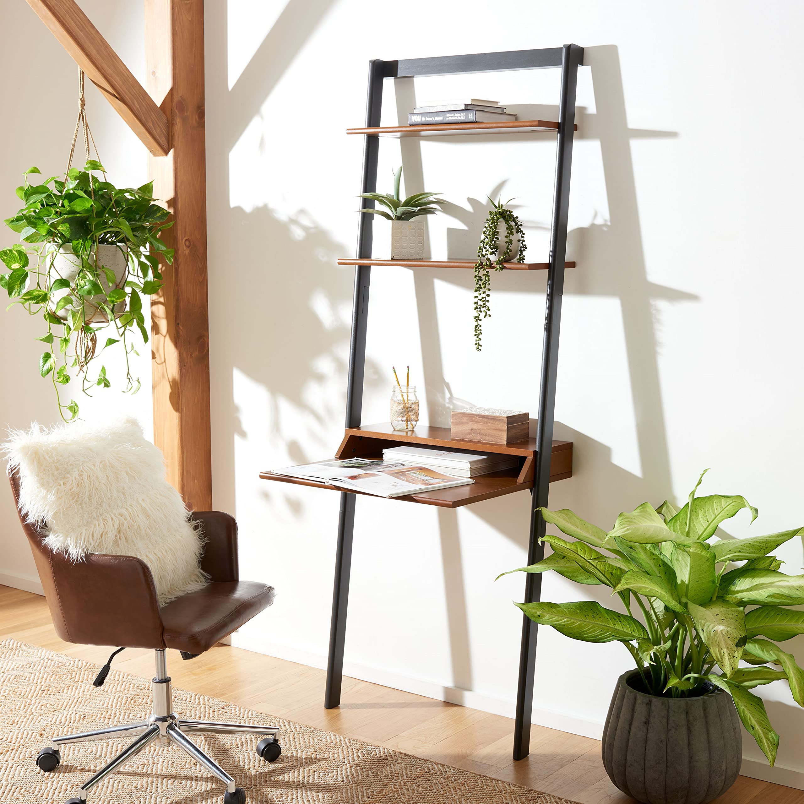 SAFAVIEH Pamella Honey Brown & Charcoal 2-Shelf Leaning Desk - Modern Home Office Furniture for Small Spaces, Bedroom, or Living Room Workspace