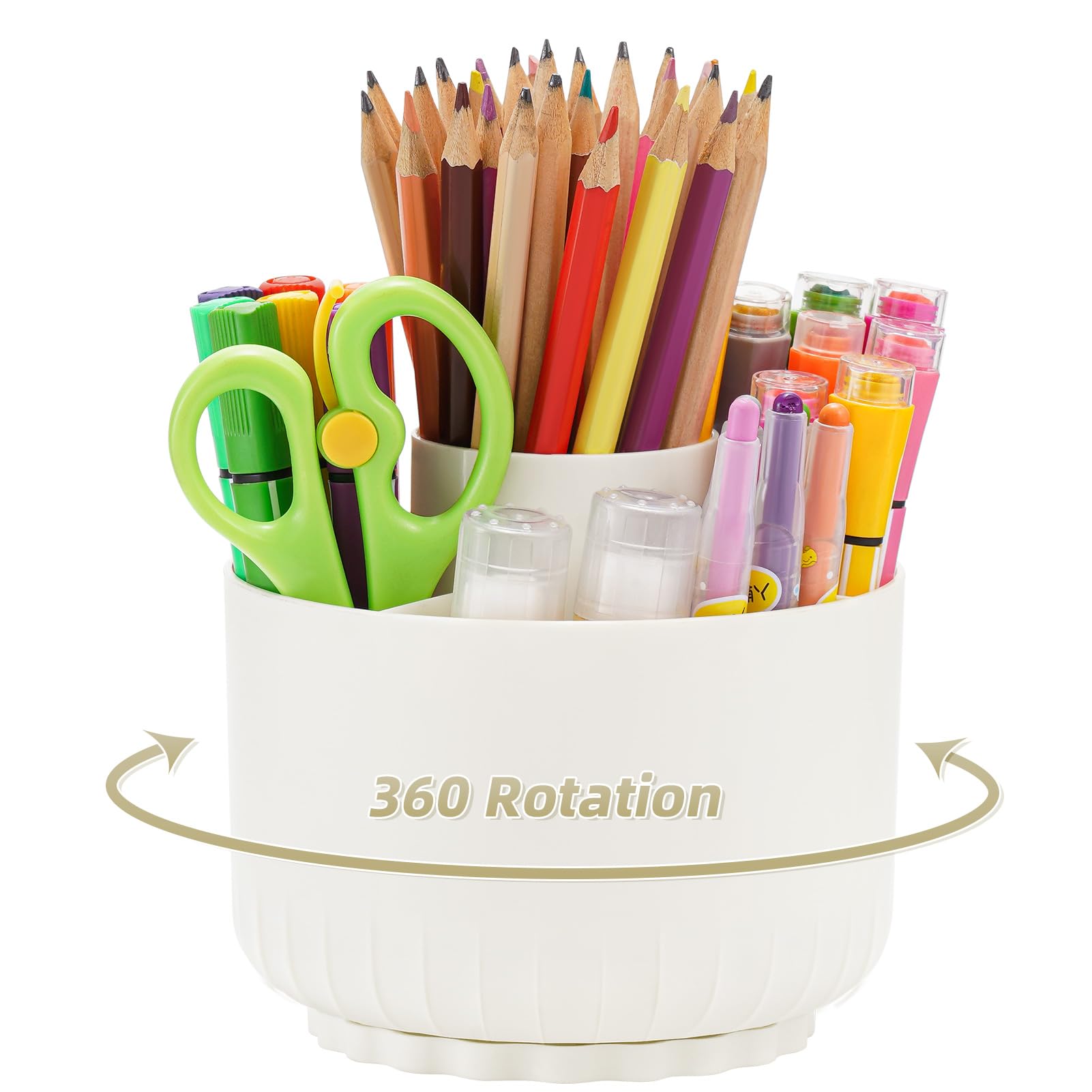 360° Rotating Desk Organizer with 5 Compartments - Marbrasse Pen & Pencil Holder for Office & Home, Art Supply Storage Caddy - Perfect for Workspace Organization & School Supplies (Beige)