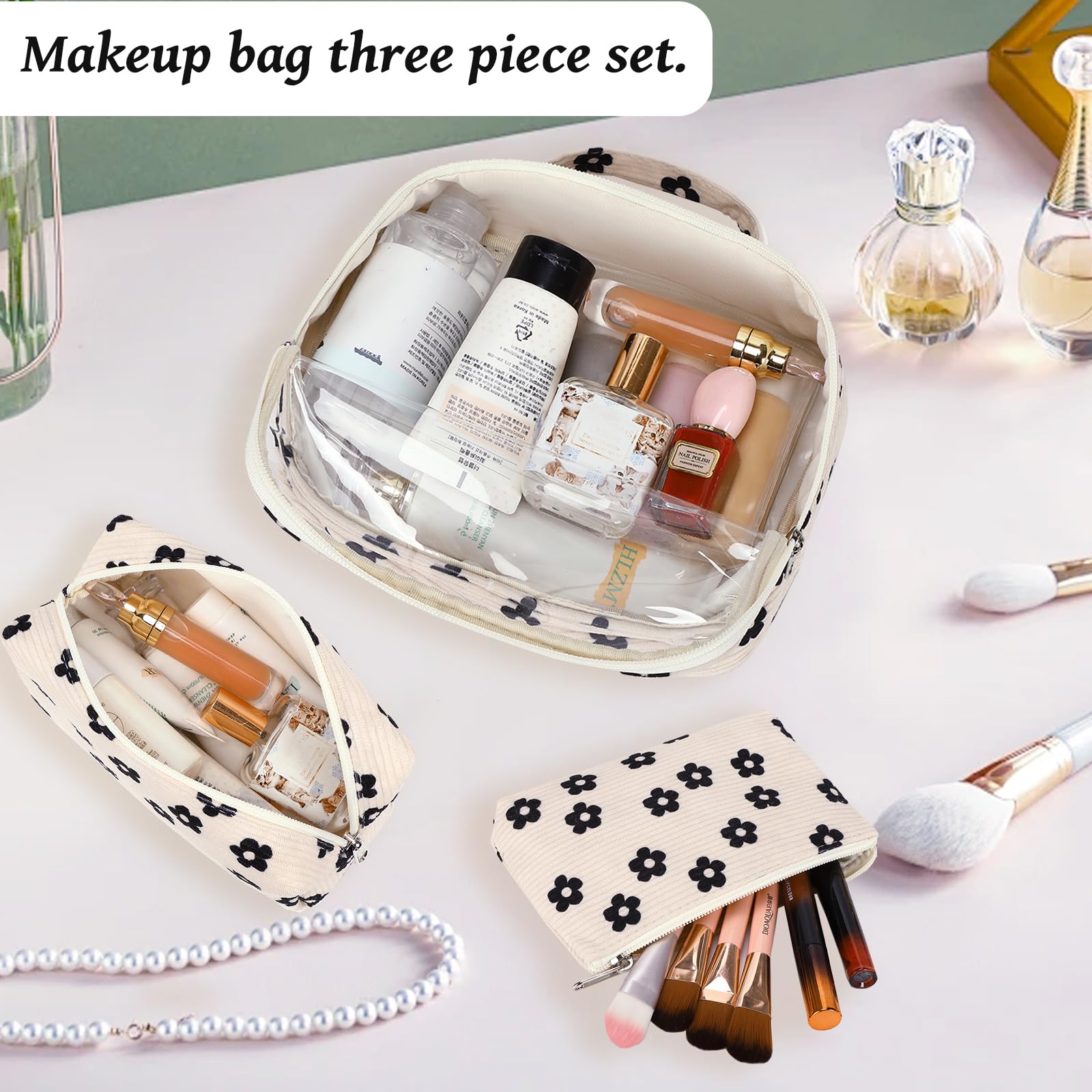 Bluboon 3-Piece Clear Makeup Toiletry Bag Set for Women - Waterproof Travel Cosmetic Organizer with Zipper - Perfect for Airplane Carry-On, Gym, and Vacation Essentials (Corduroy Floral Design)