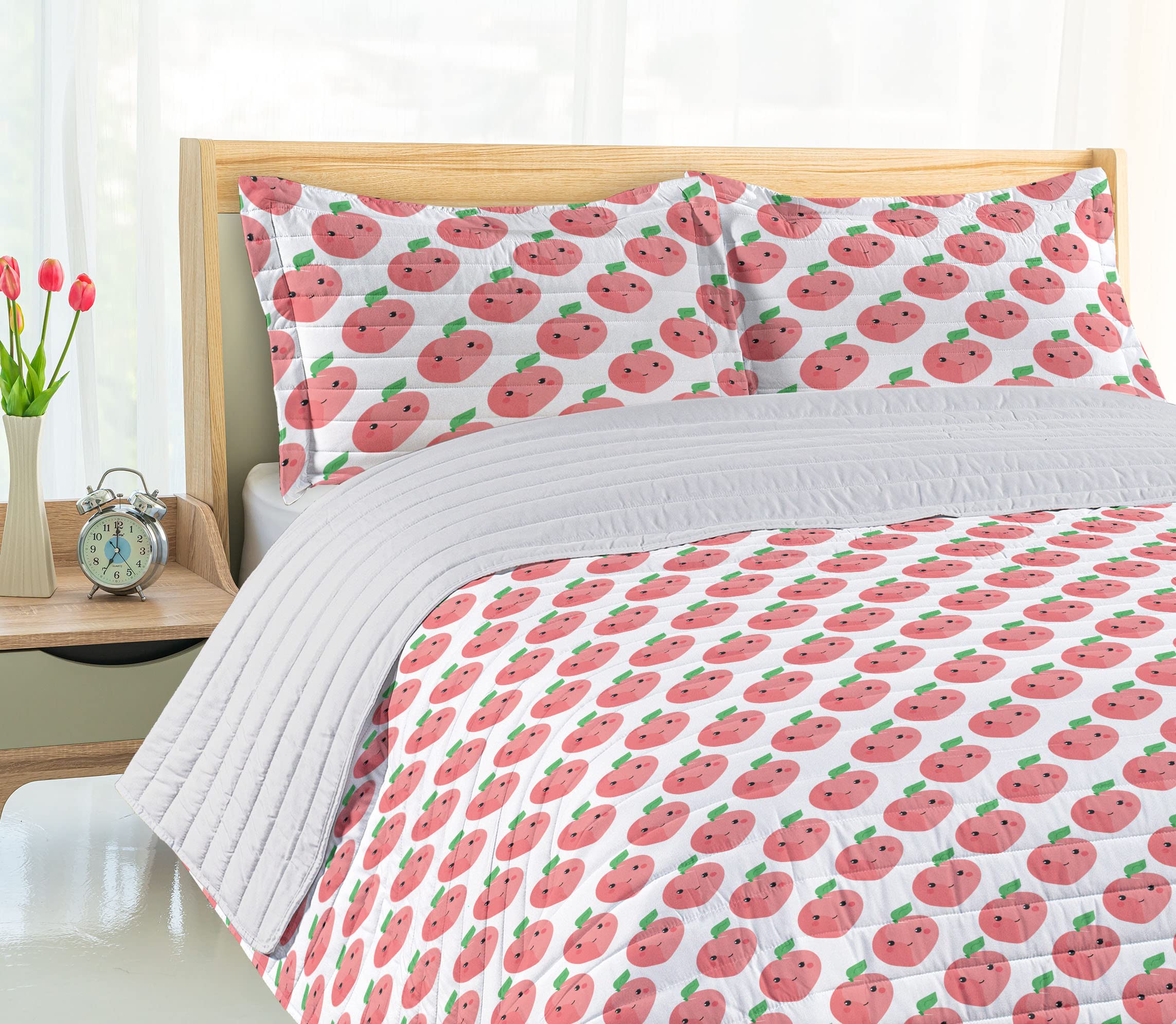 Ambesonne Peach Microfiber Bedspread Set - Kawaii Style Fruit Pattern with Smiling Faces, Soft Queen Size Comforter & Pillow Shams in Pastel Pink White Green - Perfect for Kids' Rooms, Dorm Decor & Anime Themed Bedrooms