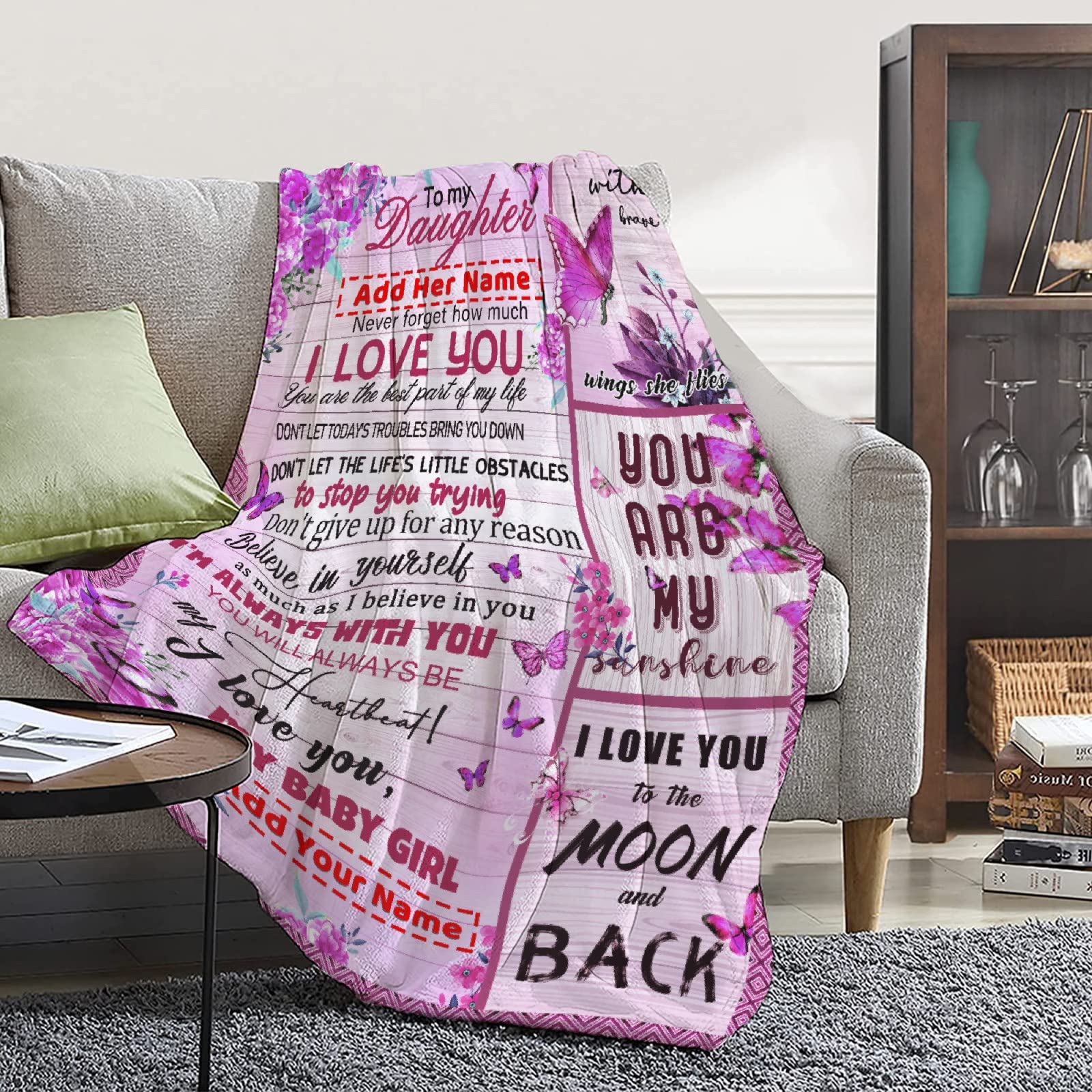 Custom Name Personalized Flannel Blanket for Daughter - 90x120 Inches Lightweight Super Soft Floral Throw Gift from Mom & Dad - Perfect for Birthday, Christmas, Couch, Sofa & Bedroom Decor