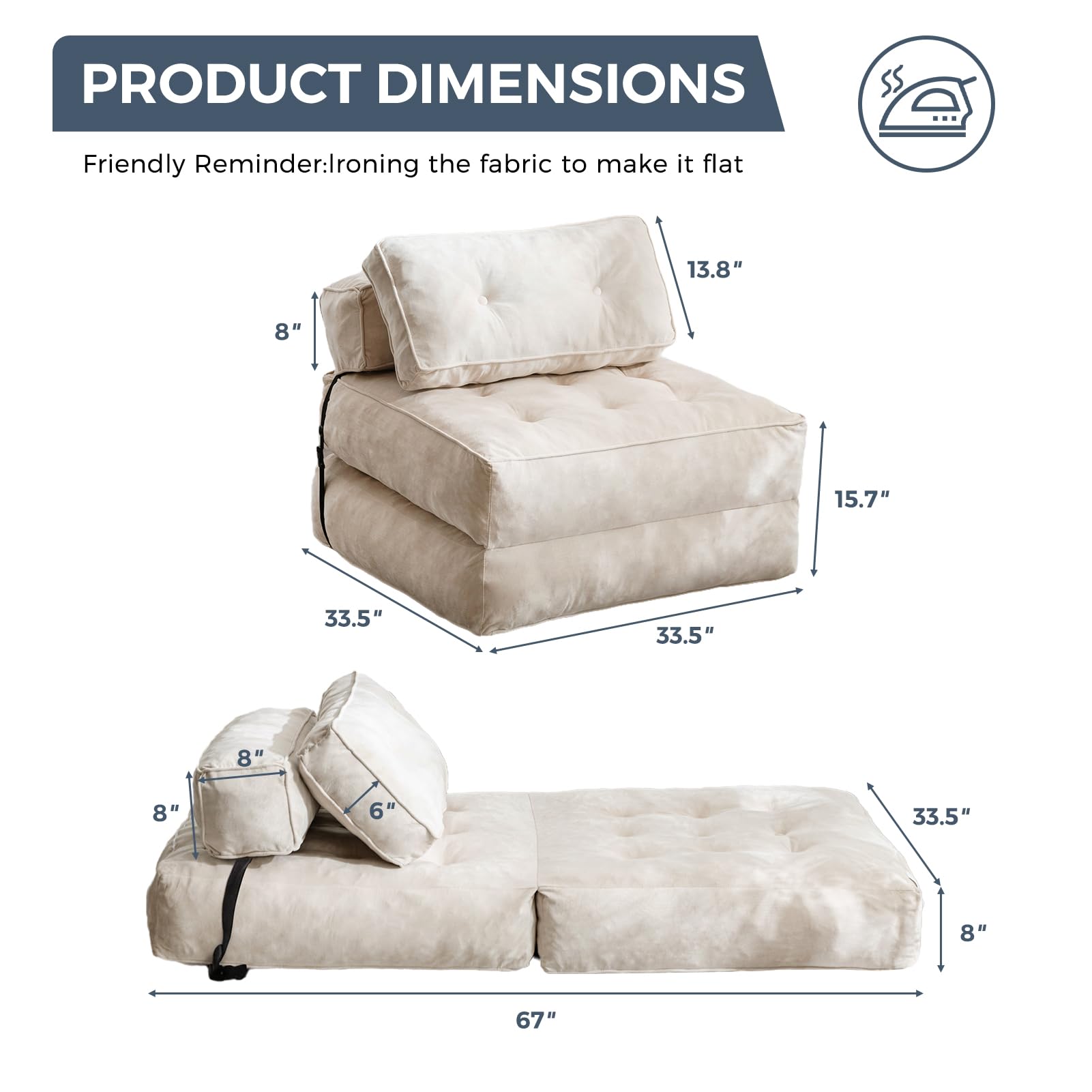 MAXYOYO Folding Sofa Bed - Velvet Convertible Sleeper Chair with Pillow, Portable Fold Out Guest Bed in Beige | Perfect for Small Spaces, Apartments & Overnight Guests