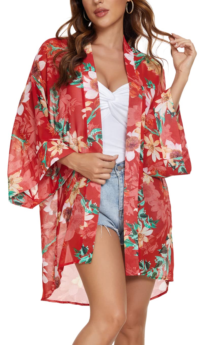 Tribear Women's Floral Printed Chiffon Kimono Cardigan - Lightweight Bat Sleeve Cover Up for Beach, Pool, Summer Outfits & Casual Wear