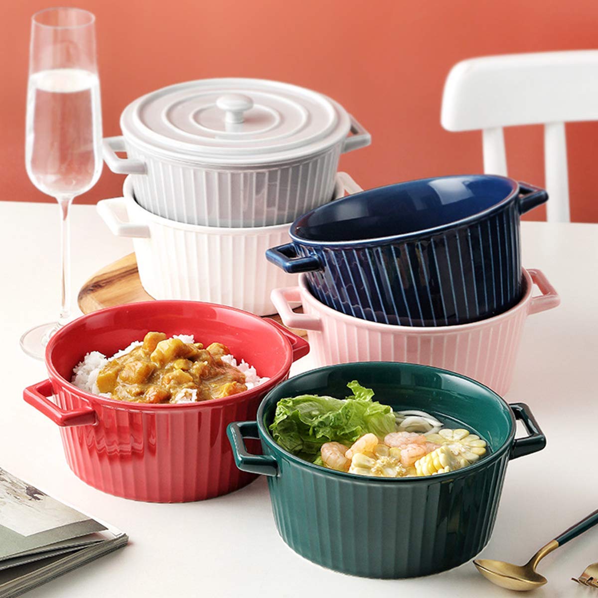 Ceramic Salad Bowl with Lid - Oven Safe Rice, Fruit, Instant Noodle & Dessert Bowl - Eco-Friendly Green Kitchenware for Home, Restaurant & Meal Prep