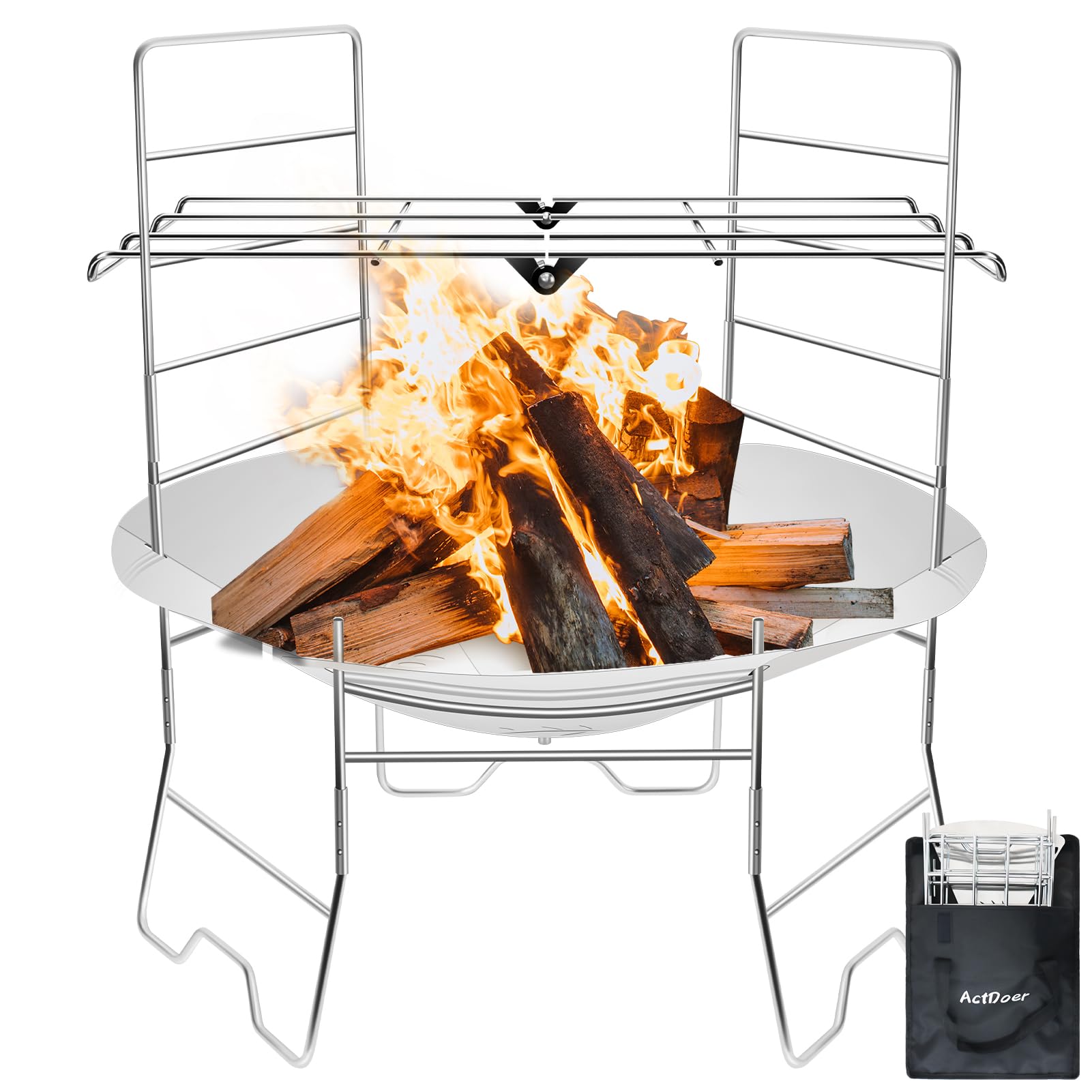 ActDoer 17-Inch Portable Collapsible Fire Pit with Grill & Storage Bag - Wood Burning Fire Pit for Camping, Backyard, Picnics & Outdoor Heating - Perfect for Roasting Marshmallows & BBQ Parties