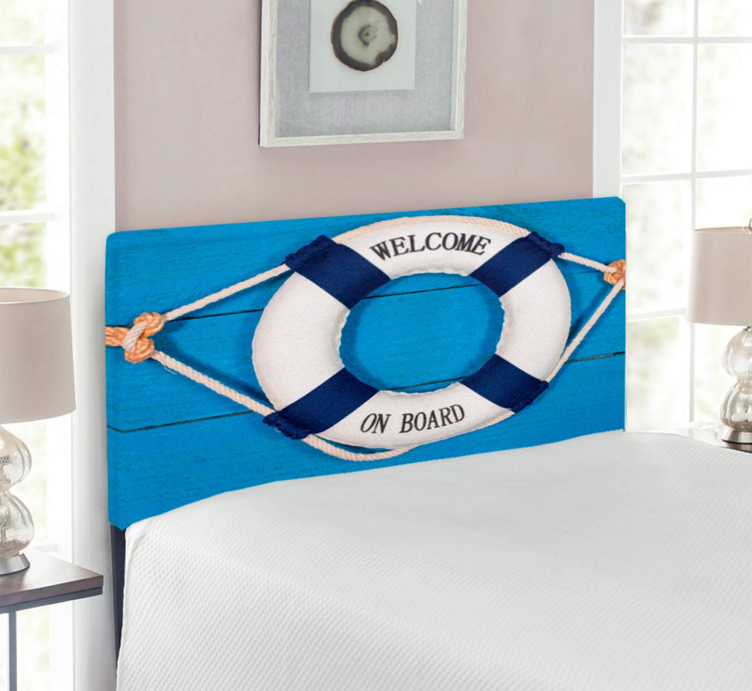 Ambesonne Coastal Upholstered Headboard - Twin Size Navy Blue & White Memory Foam Bed Headboard with Welcome Sign Design | Perfect for Beach House, Guest Room & Coastal-Themed Bedroom Decor