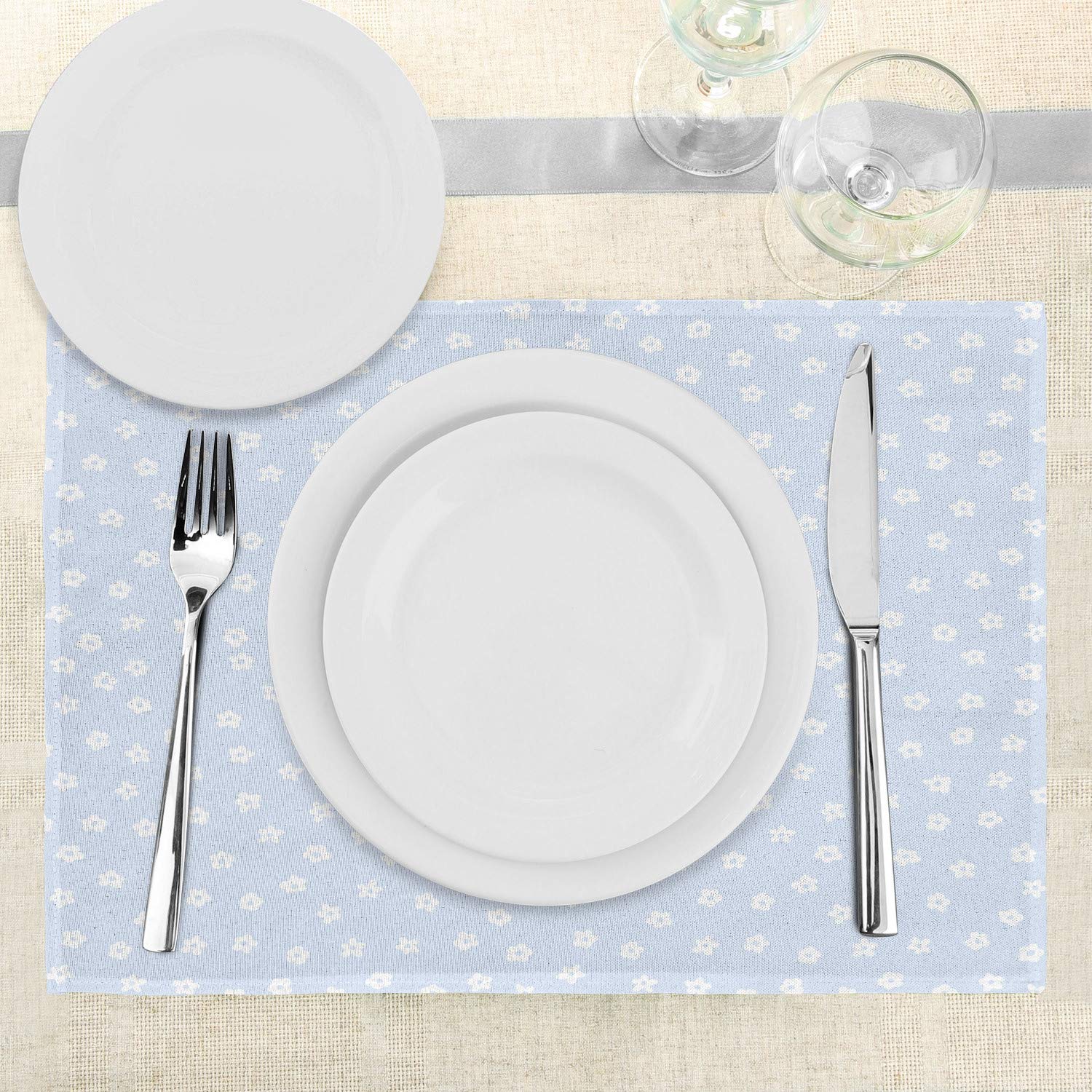 Ambesonne Floral Place Mats Set of 4 - Scattered Spring Blossoms Wild Flowers Design Washable Fabric Table Mats for Dining Room Decor, Standard Size (Pale Blue & White) - Perfect for Spring Tablescapes, Dinner Parties & Everyday Meals