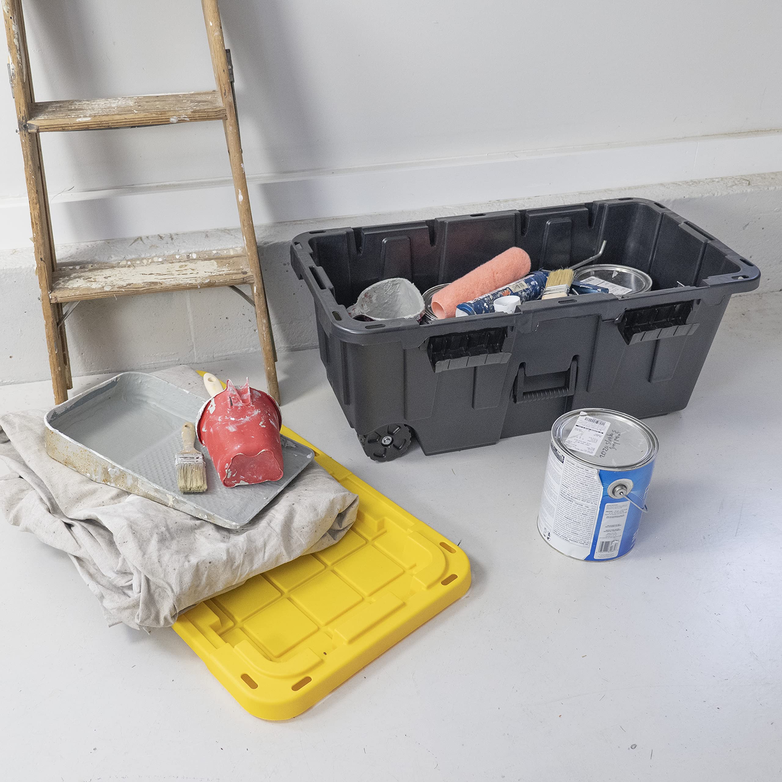 CX BLACK & YELLOW® 20-Gallon Heavy Duty Storage Footlocker with Snap-Tight Lid - 13.4”H x 18.2”W x 32.3”D Weatherproof Stackable Tote Bin - Ideal for Garage Organization, Camping Gear Storage & Military Footlocker Use [4-Pack]