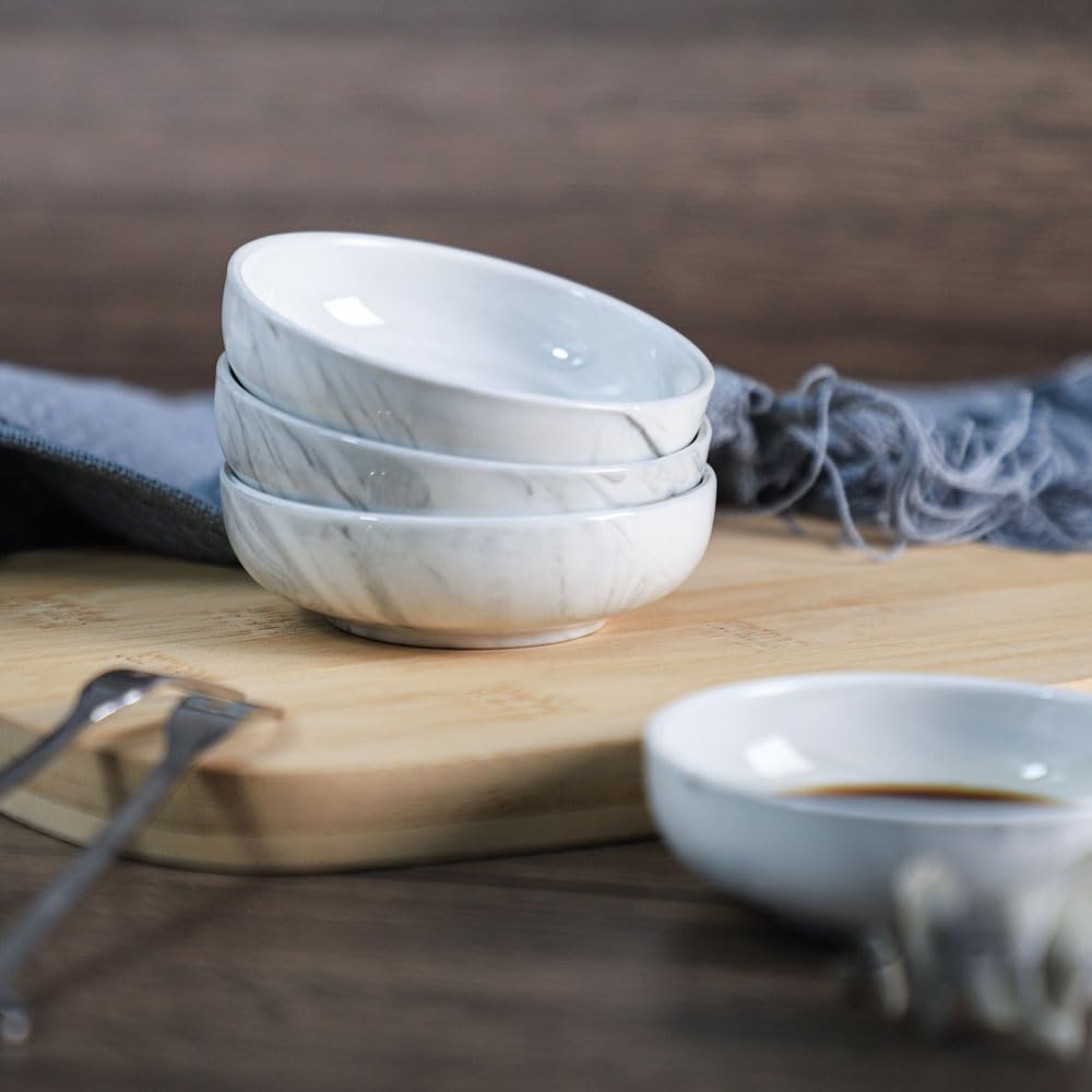 FUYU 4PCS Marble Ceramic Sauce Dishes - Small Appetizer Plates for Soy Sauce, Condiments, Sushi, Desserts - Perfect for Dining, Party Serving, Home Decor