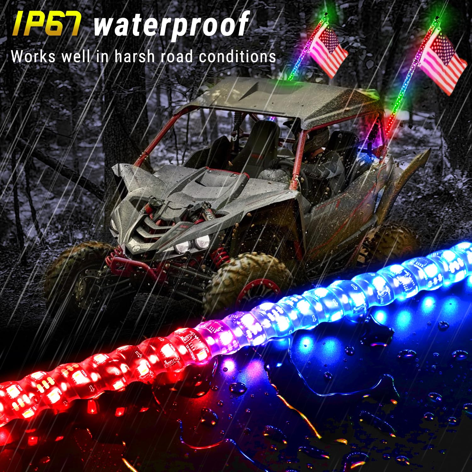 Super Bright RGB LED Whip Light - 5FT Colorful Chasing Light Bar with Spring Base, IP67 Waterproof, App & Remote Control for ATV, UTV, Boat, Truck - Perfect for Off-Road Adventures, Night Rides & Vehicle Customization