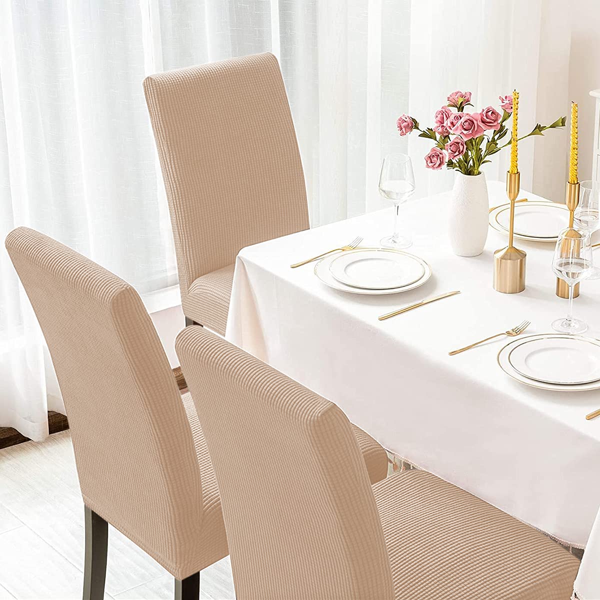 Aertiavty 4-Piece Dining Chair Covers Set - Light Khaki Slipcovers for Kitchen & Parsons Chairs | Waterproof & Stretchable Fabric | Perfect for Home, Restaurant, and Office Use