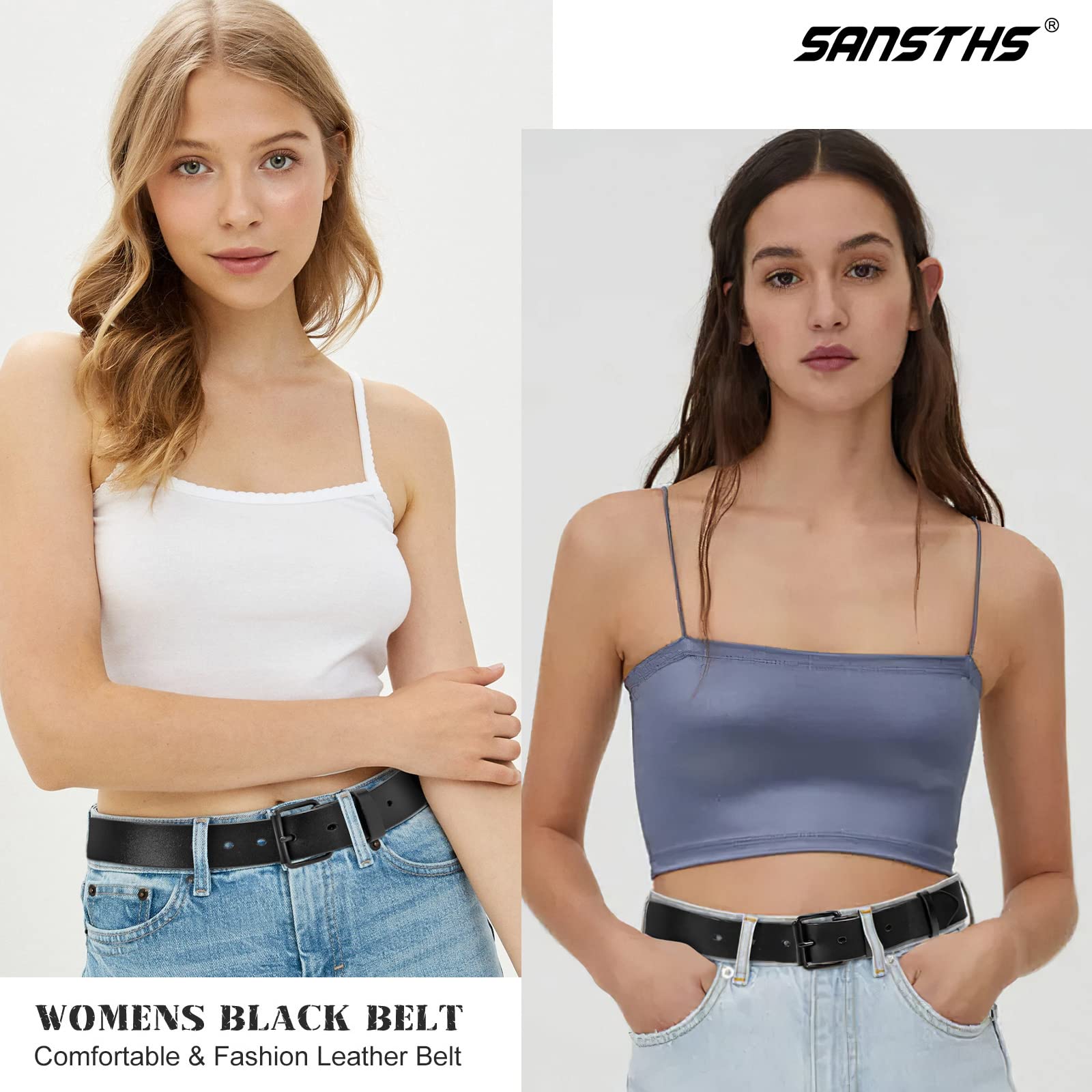 SANSTHS Women's Black Leather Belt with Gold Buckle - Stylish Casual Dress Belt for Jeans, Pants & Office Wear | Perfect for Everyday Outfits & Professional Attire