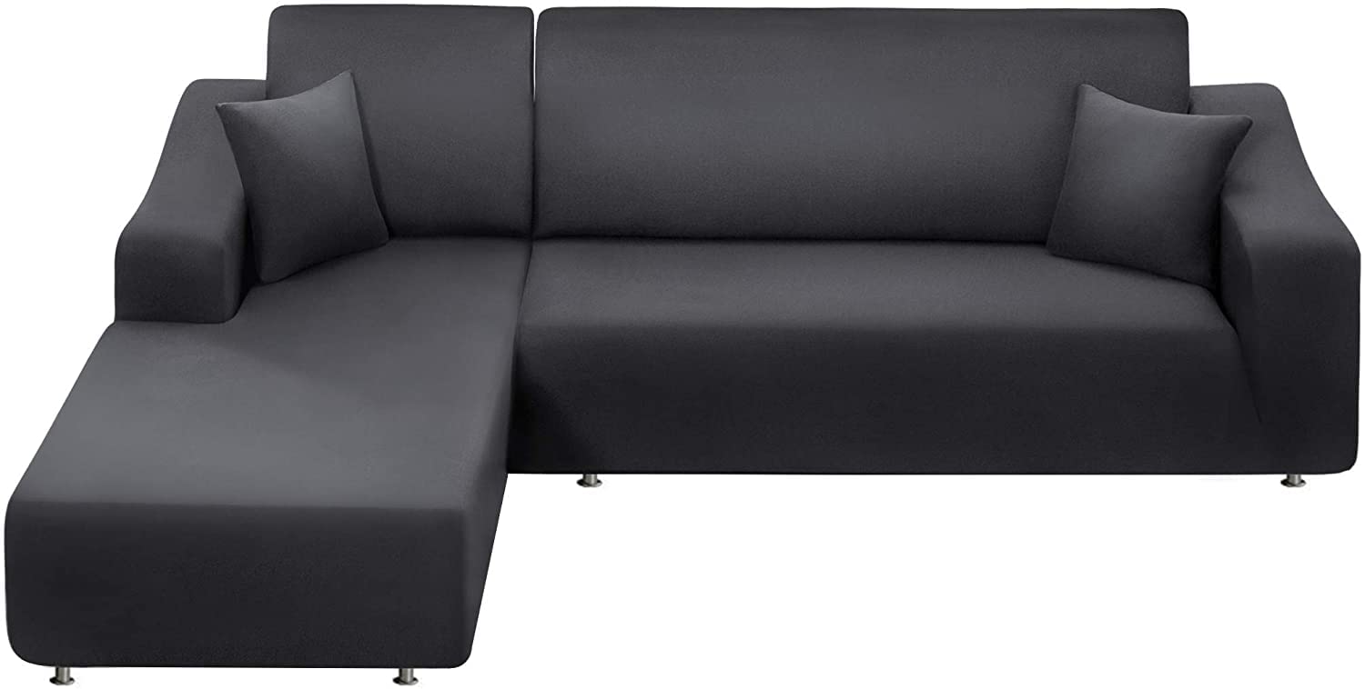 Premium Stretch L-Shaped Sectional Sofa Covers - Washable Slipcovers with 2 Pillowcases for 3-Seat Sofa + 3-Seat Chaise | Pet & Kid Proof Furniture Protector in Dark Grey | Perfect for Living Room, Family Room & Home Theater