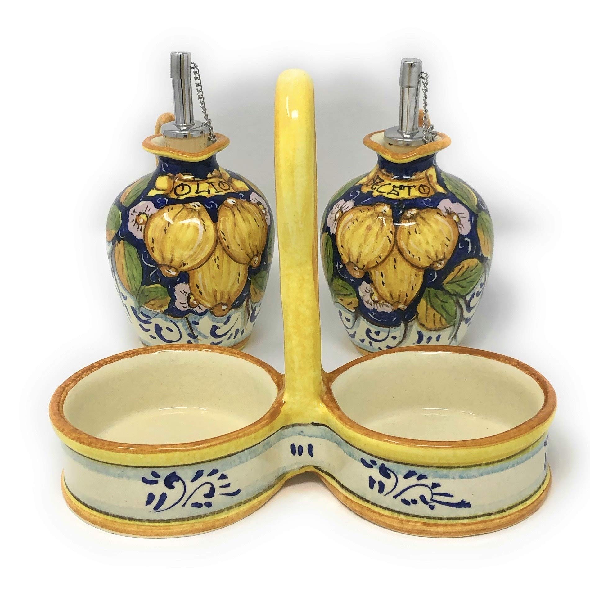 Italian Hand-Painted Ceramic Oil and Vinegar Cruet Set - Tuscan Art Pottery with Three Lemons Design | CERAMICHE D'ARTE PARRINI | Made in Italy | Perfect for Kitchen, Dining Table & Gift Giving