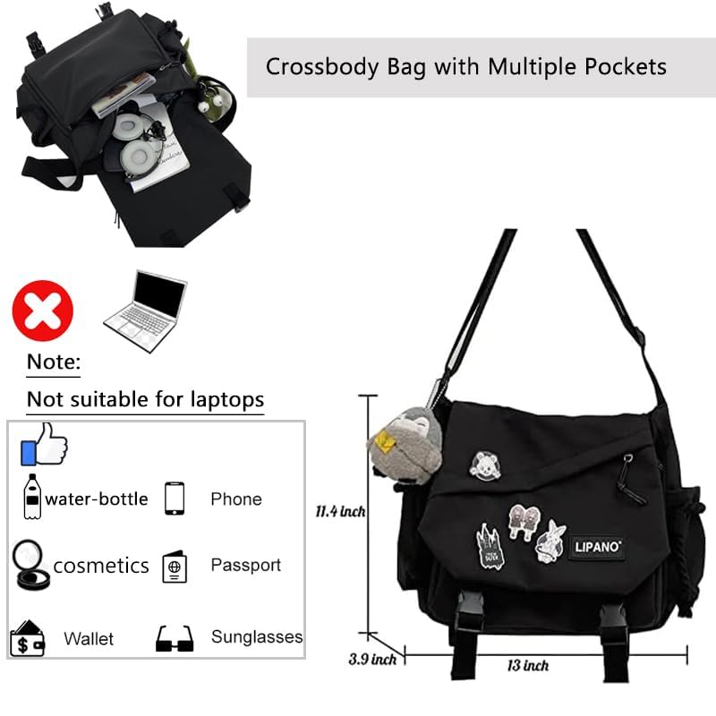 Stylish Unisex Nylon Crossbody Bag with Cute Pins & Ornament - Japanese Kawaii Messenger Shoulder Bag for Women & Men | Perfect for Travel, Work & Everyday Use