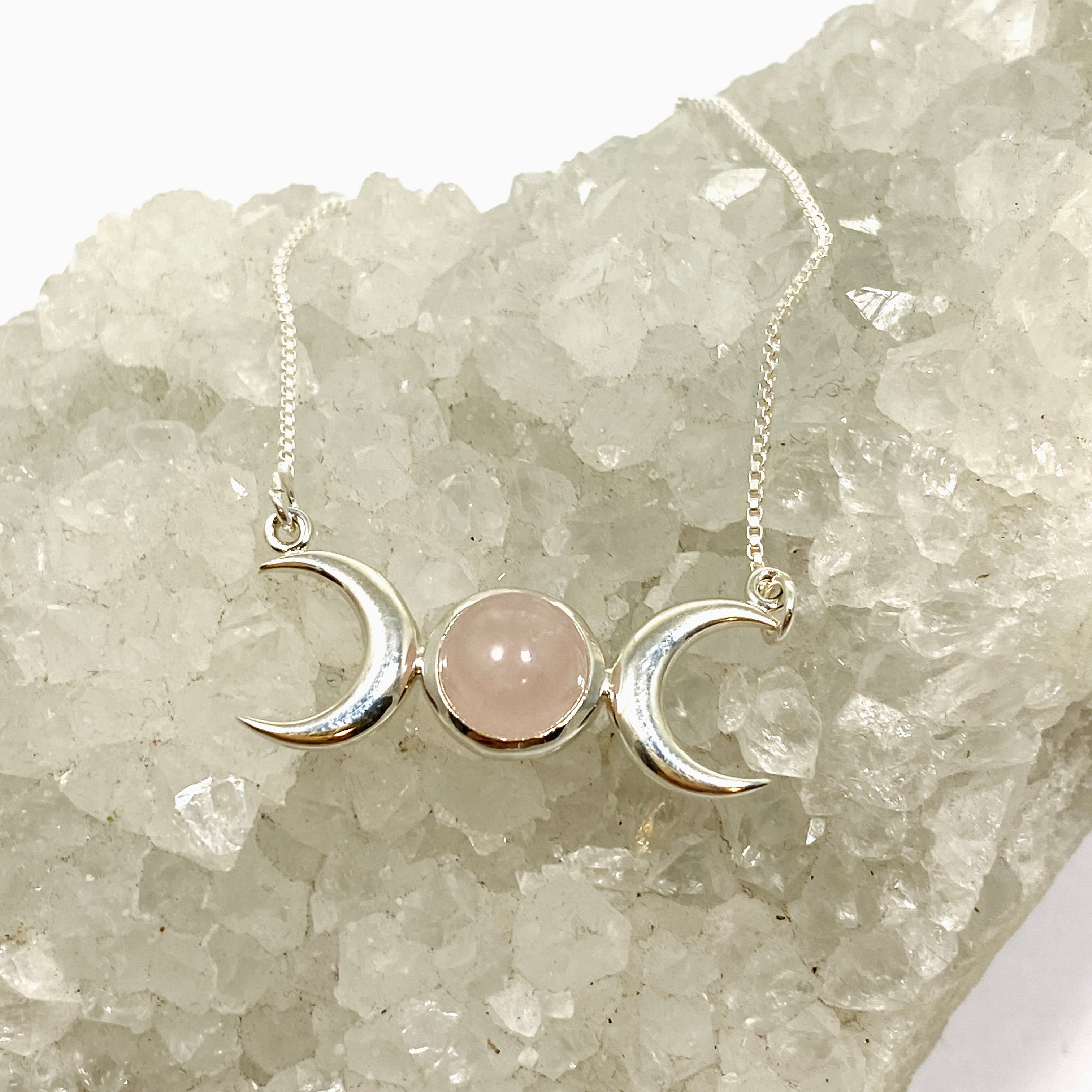 Rose Quartz Triple Goddess Necklace - Healing Crystal Jewelry for Women, 925 Sterling Silver Pendant with Chain, Spiritual Gift for Meditation, Yoga & Energy Balancing (Style NK342 RQ)