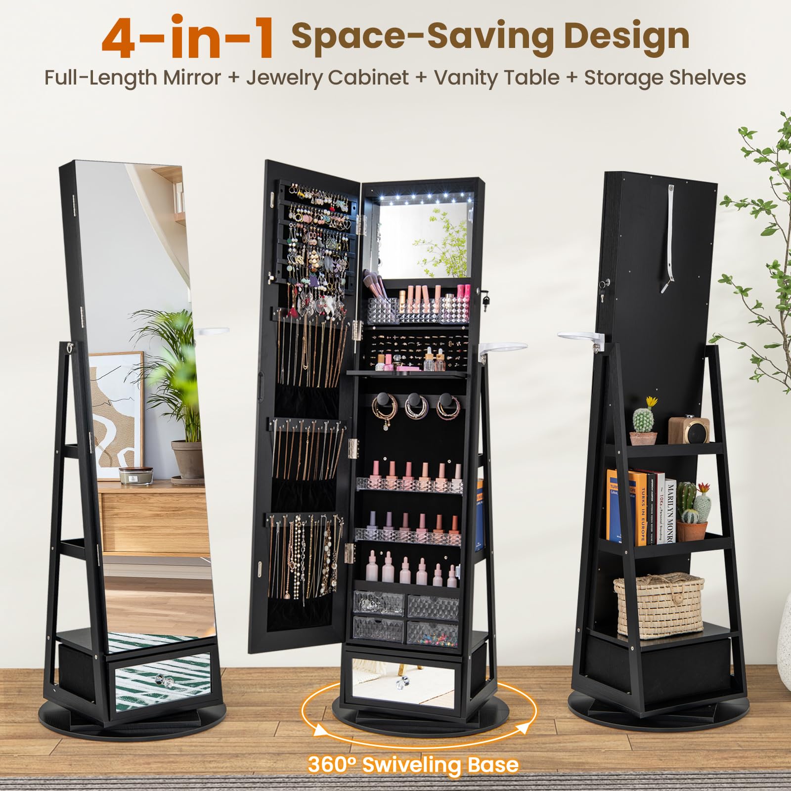 CHARMAID 360° Swivel Jewelry Cabinet Armoire with Full Length Mirror - 64.5