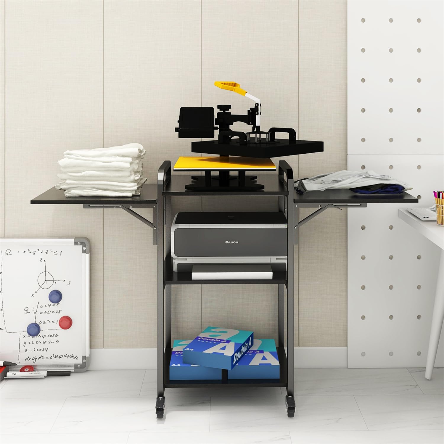 PUNCIA 3-Tier Heavy Duty Foldable Rolling Workbench - 20'' Movable DIY Heat Transfer Press Machine Stand with Metal Shelf Storage | Perfect for Sublimation Transfer, T-Shirt Printing & Craft Organization | Ideal for Home Studios, Small Businesses & DIY Workshops