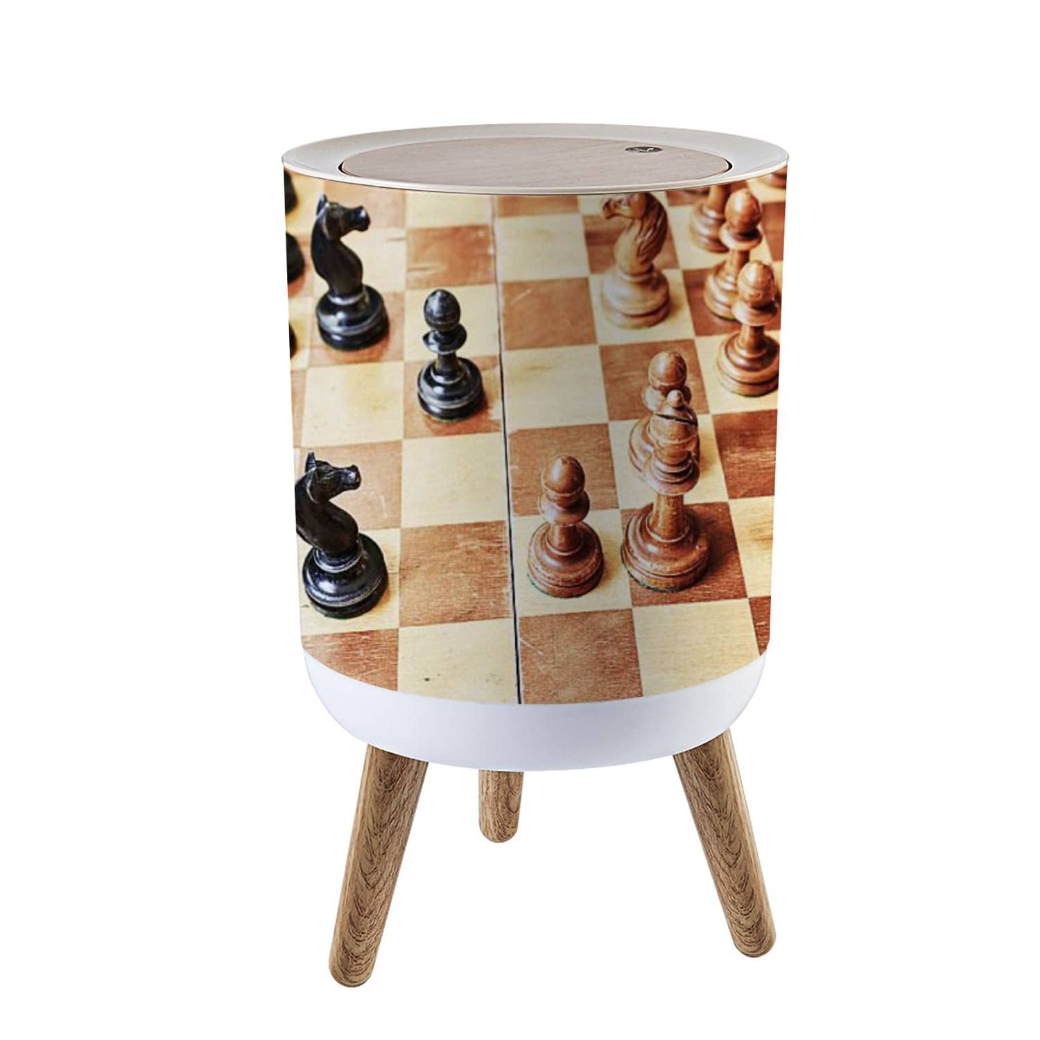 Small Trash Can with Lid - 1.8 Gallon Round Chess-Themed Garbage Bin with Press Cover, Dog-Proof Wastebasket for Kitchen, Bathroom & Living Room - Perfect for Game Rooms, Offices and Home Decor