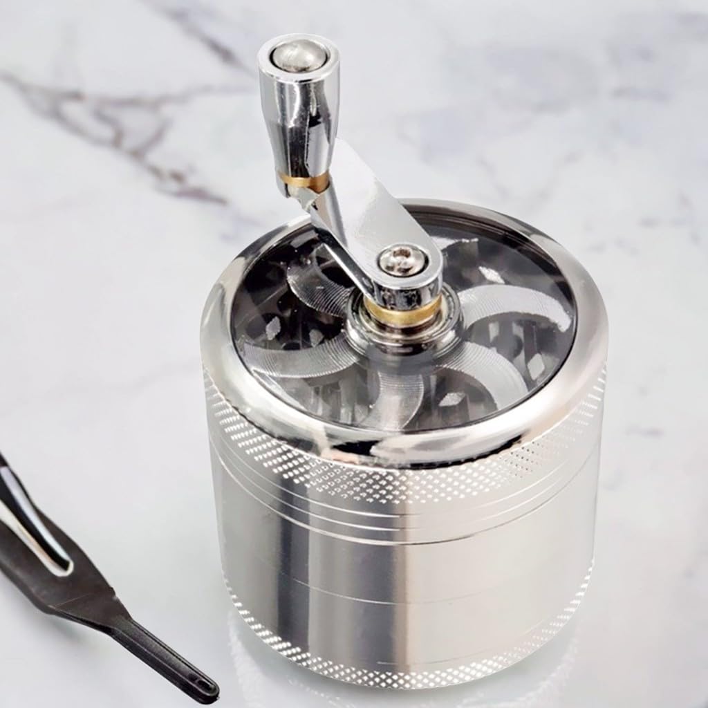 Premium 4-Layer Zinc Alloy Herb Grinder with Pollen Scraper & Hand Crank - 55mm Spice Crusher for Dried Herbs, Tobacco & Tea - Compact Manual Muller for Home Kitchen, Camping & Travel (Silver)
