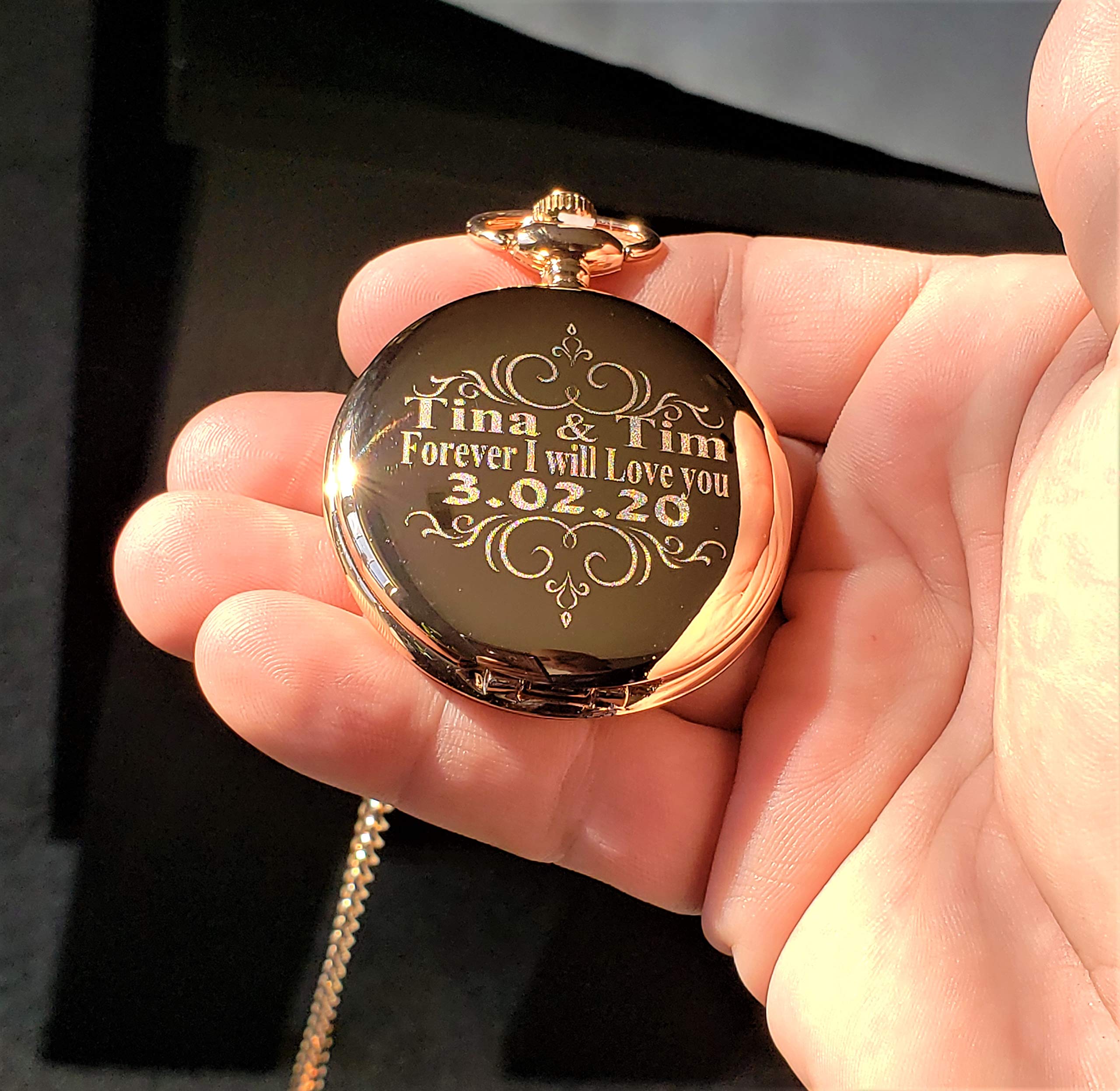 4-Piece Custom Engraved Pocket Watch Set - Black Wedding Gift with Free Engraving, Gift Box & Chains - Perfect for Anniversaries, Graduations & Special Occasions