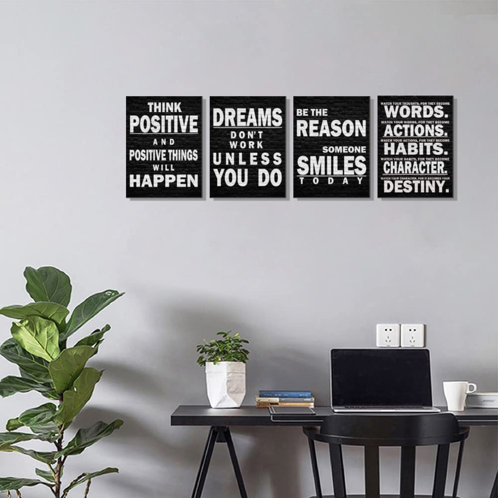Black and White Motivational Wall Art Posters - Inspirational Quotes for Office, Workplace, Gym & School - Positive Wall Decor Signs (Dreams Don't Work Unless You Do, Watch Your Thoughts, Think Positive) - Perfect for Home Office, Study Room & Fitness Spaces