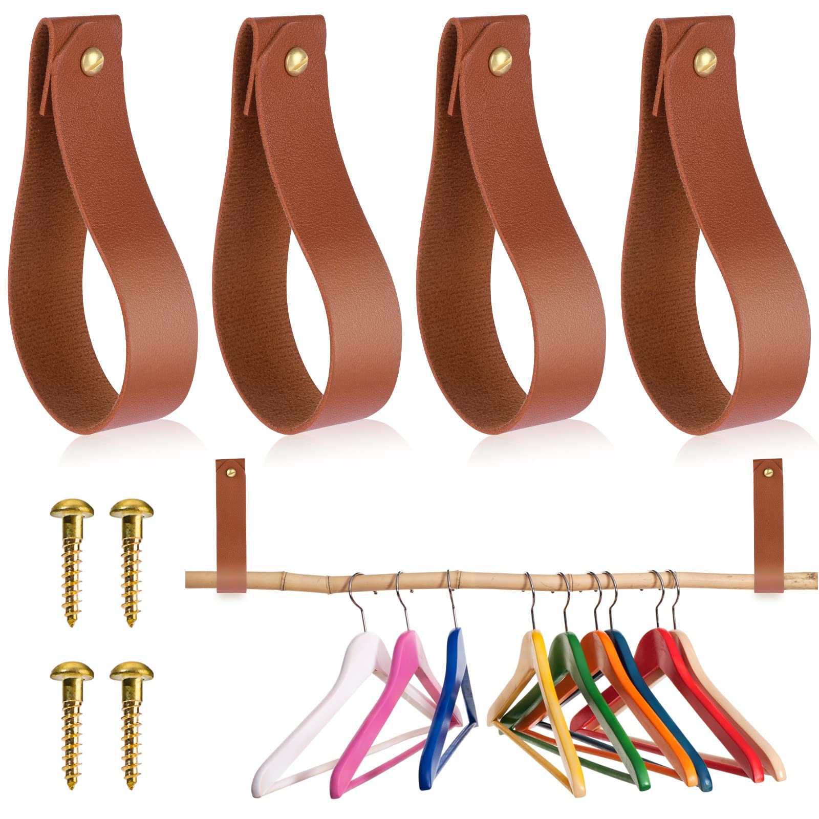4Pcs Leather Hook Lanyard - Boho Style Wall Hanging Straps for Towels, Curtains & Decor - Durable Hanger for Bathroom, Kitchen & Bedroom - Perfect for Organizing & Stylish Home Decor (Brown)