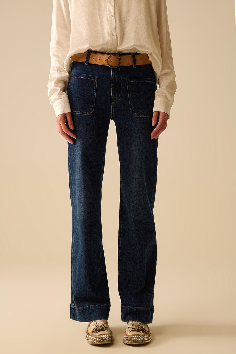 Dark Wash Wide Leg Jeans with Pockets - Comfortable Denim Pants for Women, Perfect for Casual Wear & Everyday Outfits