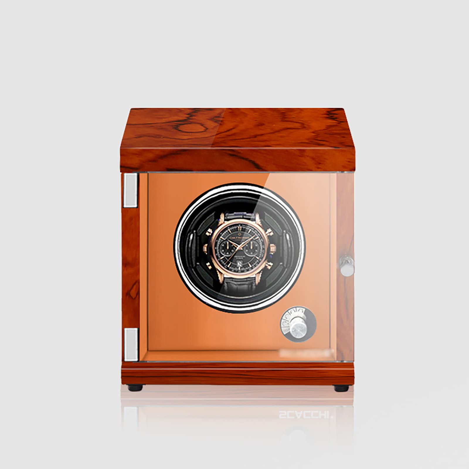 Premium Vertical Single Automatic Watch Winder - Walnut & Orange Display Case with Interior LED Backlight | AC/USB/Type-C/Battery Powered | Perfect for Watch Collectors & Luxury Storage