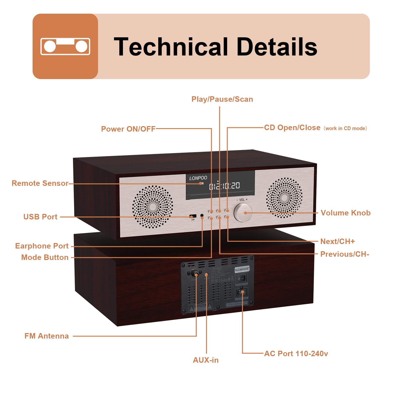 LONPOO 40W Home Stereo System with CD Player, Bluetooth Speakers, USB Playback, FM Radio & Aux Input - Perfect for Living Room Music Entertainment & Party Sound System (Golden)