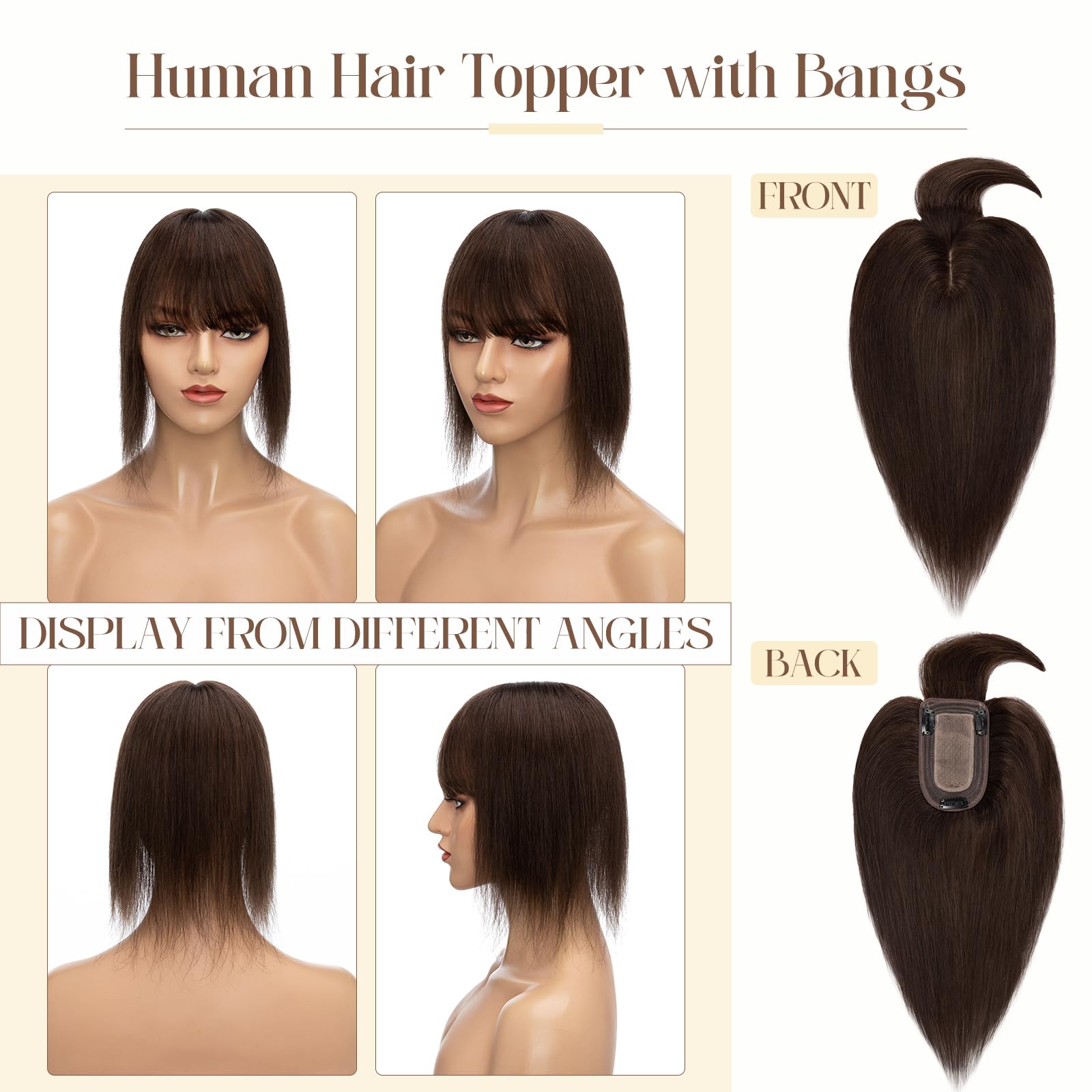 100% Real Human Hair Toppers for Women - Clip-In Hair Piece with Bangs, Middle Part, Thinning Hair - Handmade Dark Brown #2, 16 Inch, 48g - Perfect for Daily Wear, Parties & Special Occasions