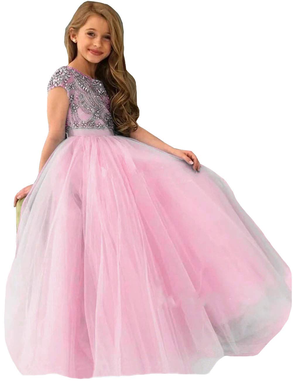 Emanni Girls Tulle Pageant Dress with Rhinestones & Beaded Flowers - Elegant Flower Girl Dress for Birthday Party, Wedding, Pageant & Special Occasions