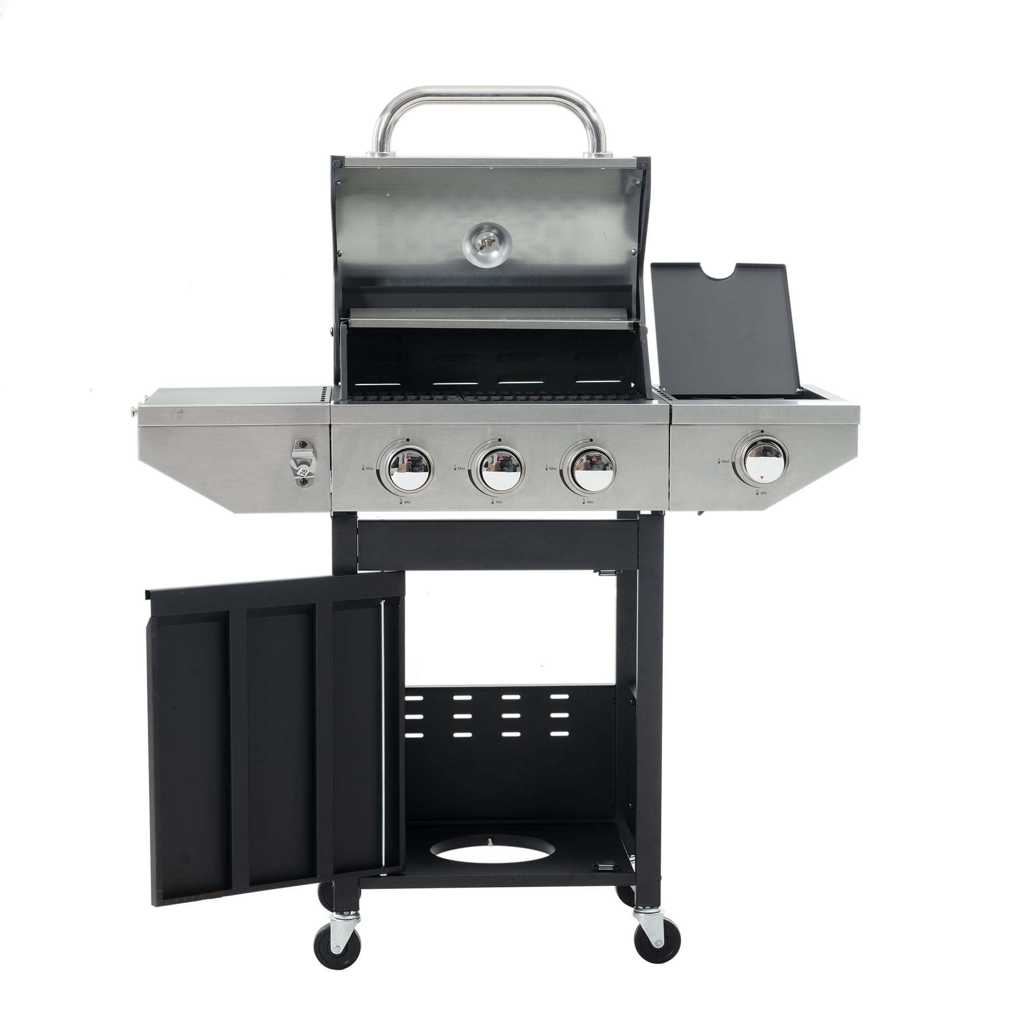 Stainless Steel 3-Burner Propane Gas Grill with Side Burner, Temperature Gauge & Electronic Ignition - 430-Grade Outdoor BBQ Grill with Cast Iron Grids for Backyard, Camping & Tailgating Parties