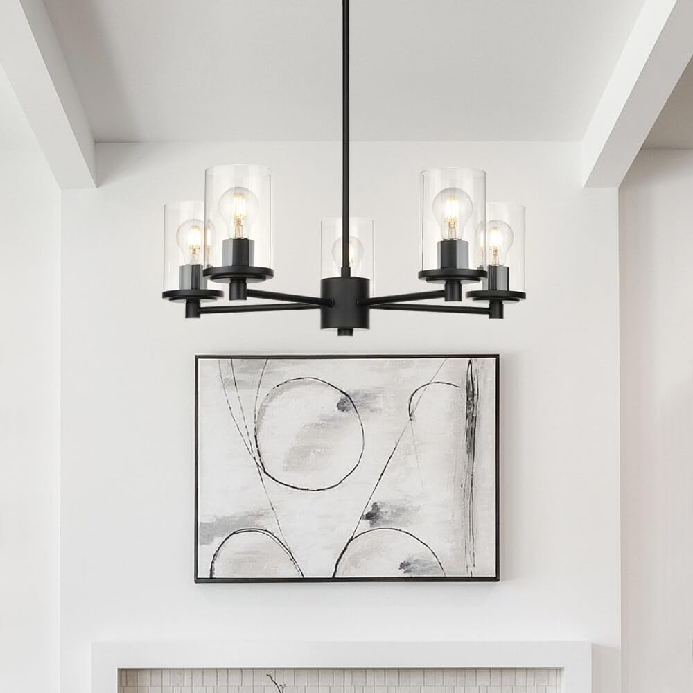 Modern 5-Light Black Adjustable Chandelier with Glass Shades - XiNBEi Lighting XB-C1240-5-MB for Dining Room, Kitchen Island, Foyer & Contemporary Home Decor