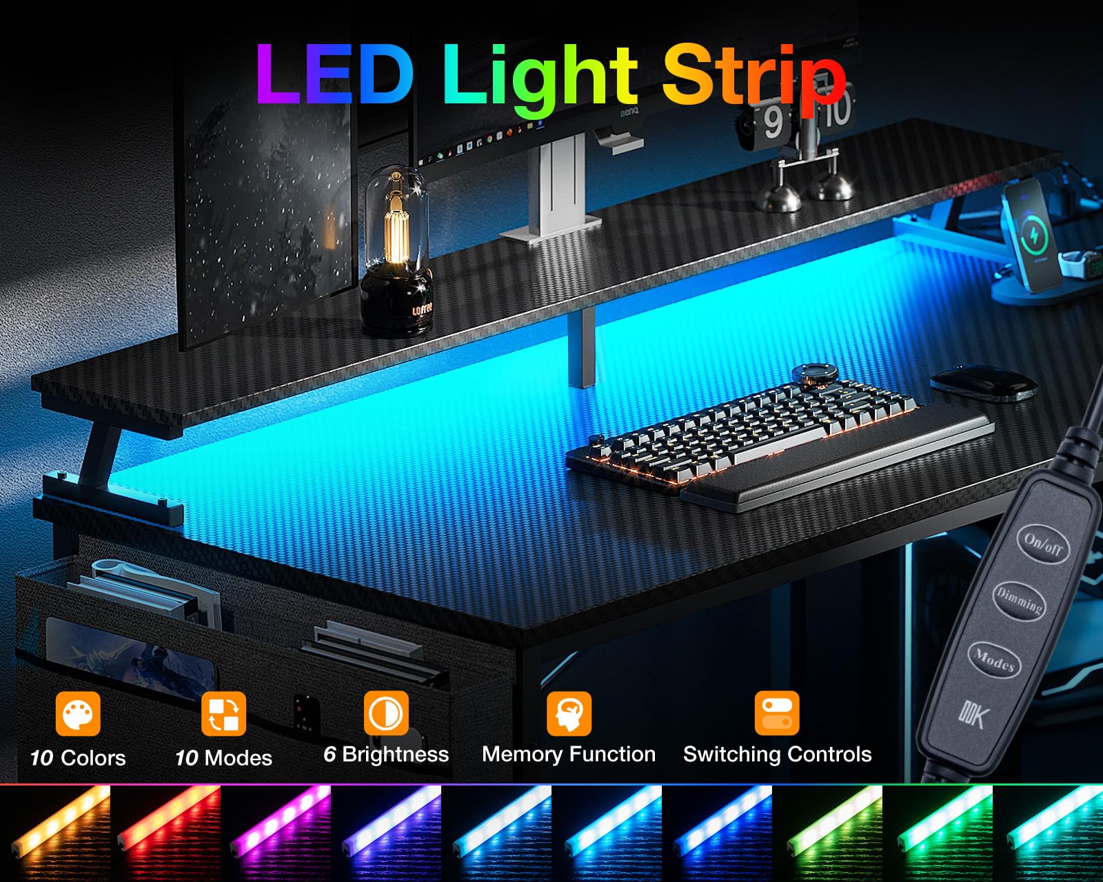 40 Inch L-Shaped Gaming Desk with USB Ports & LED Lights - Carbon Fiber Surface, Black | Reversible Corner Computer Desk with Storage Shelves & Monitor Stand | Perfect for Home Office, Gaming Setup & Workspace Organization
