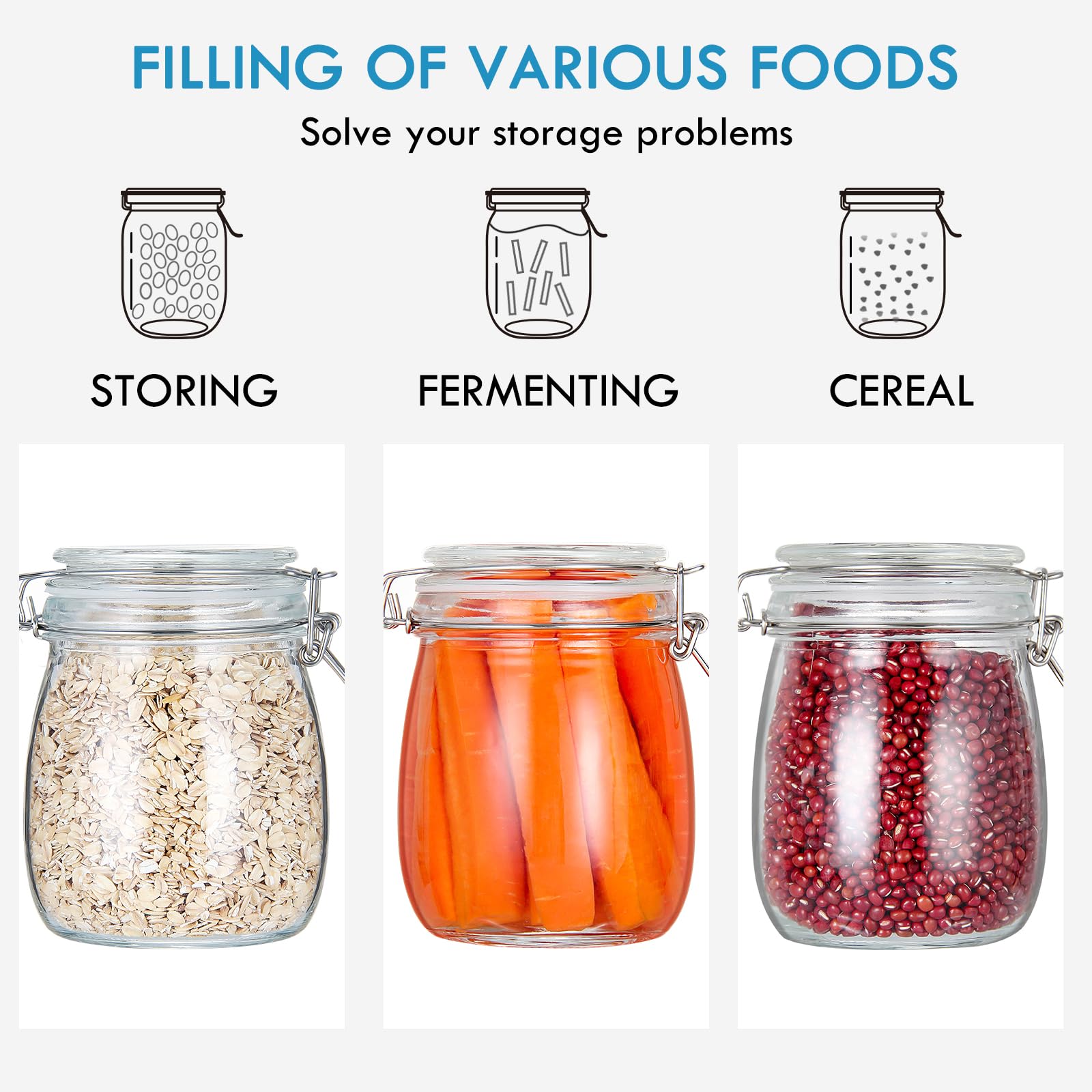 YEBODA 24oz Glass Food Storage Containers with Airtight Lids - Clear Round Canister Jars with Silicone Gaskets & Clamp Locks (4 Pack) - Perfect for Flour, Sugar, Coffee, Tea, Spices & Pantry Organization