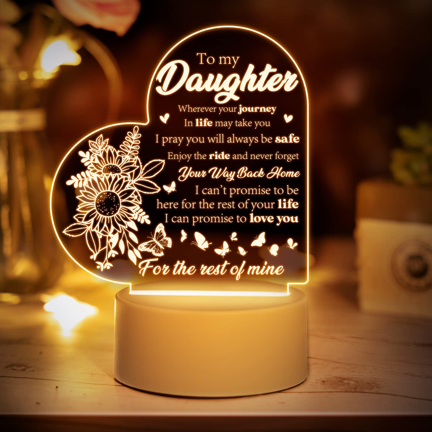 Personalized Acrylic Night Light for Daughter - Custom Engraved Gift from Mom & Dad | Birthday, Graduation, Christmas & Wedding Present | Bedroom Decor & Heartwarming Keepsake (Warm White)