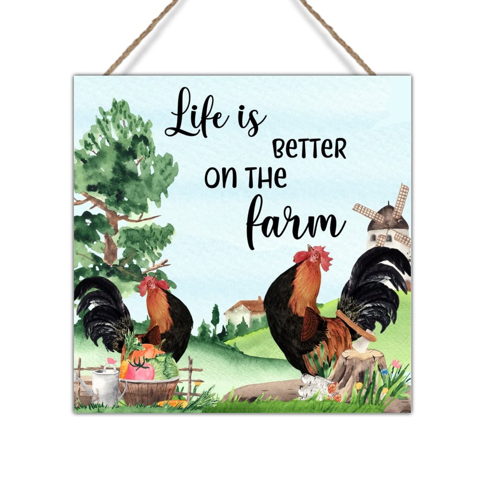 Rustic Wooden Rooster Wall Art Plaque - Farmhouse Country Decor for Chicken Coop, Home & Office - 16x16 Inch Wooden Hanging Sign - Perfect for Farmhouse, Country Kitchen & Rustic Wall Decor