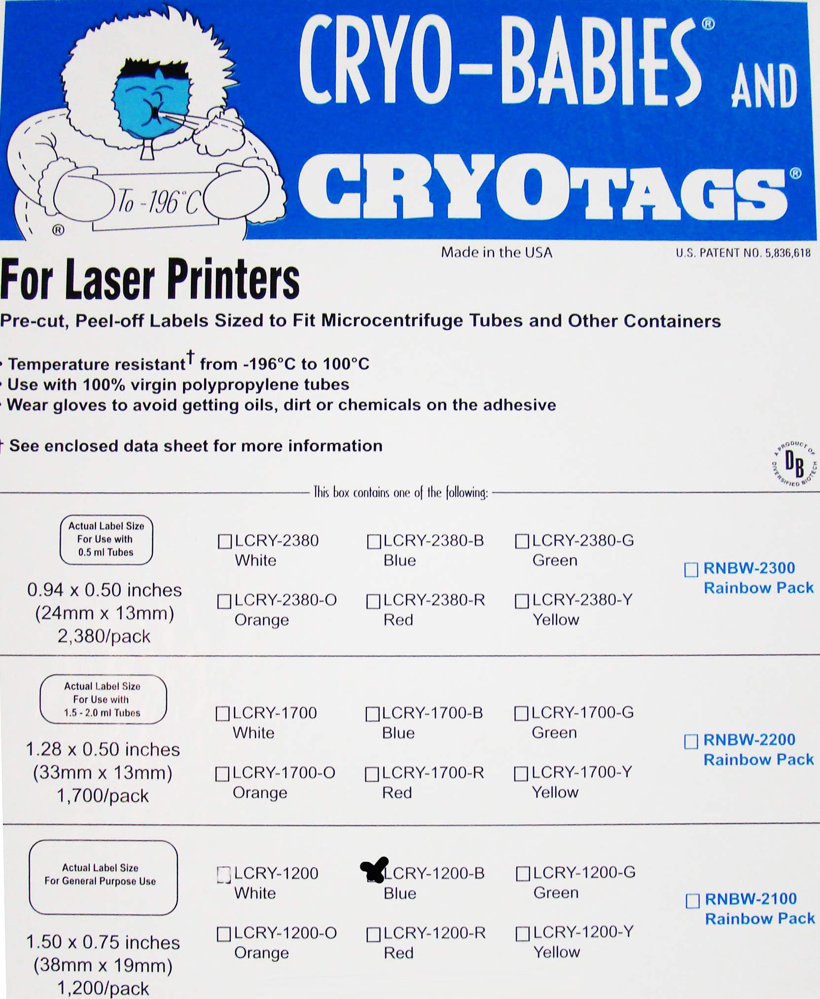 Cryo-Tags Cryogenic Labels - 1.5 x 0.75 Inch Laser-Compatible Freezer Labels (Blue, 1200/Pack) for Lab Samples, Medical Storage & Cryopreservation