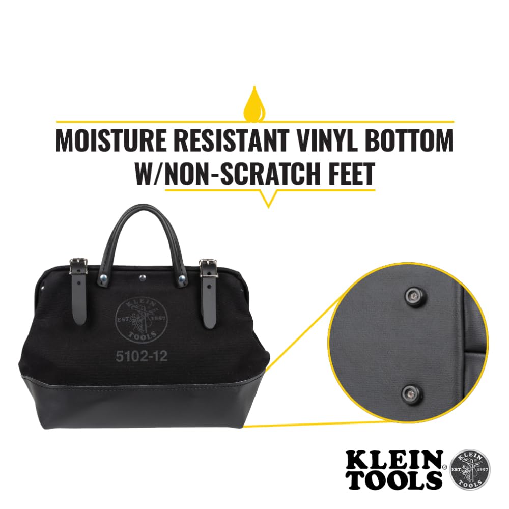 Klein Tools 510212BLK Heavy Duty Black Canvas Tool Bag - 12-Inch Professional Tool Tote with Wide Hinged Opening & Leather Handles - Perfect for Electricians, Contractors & DIY Projects