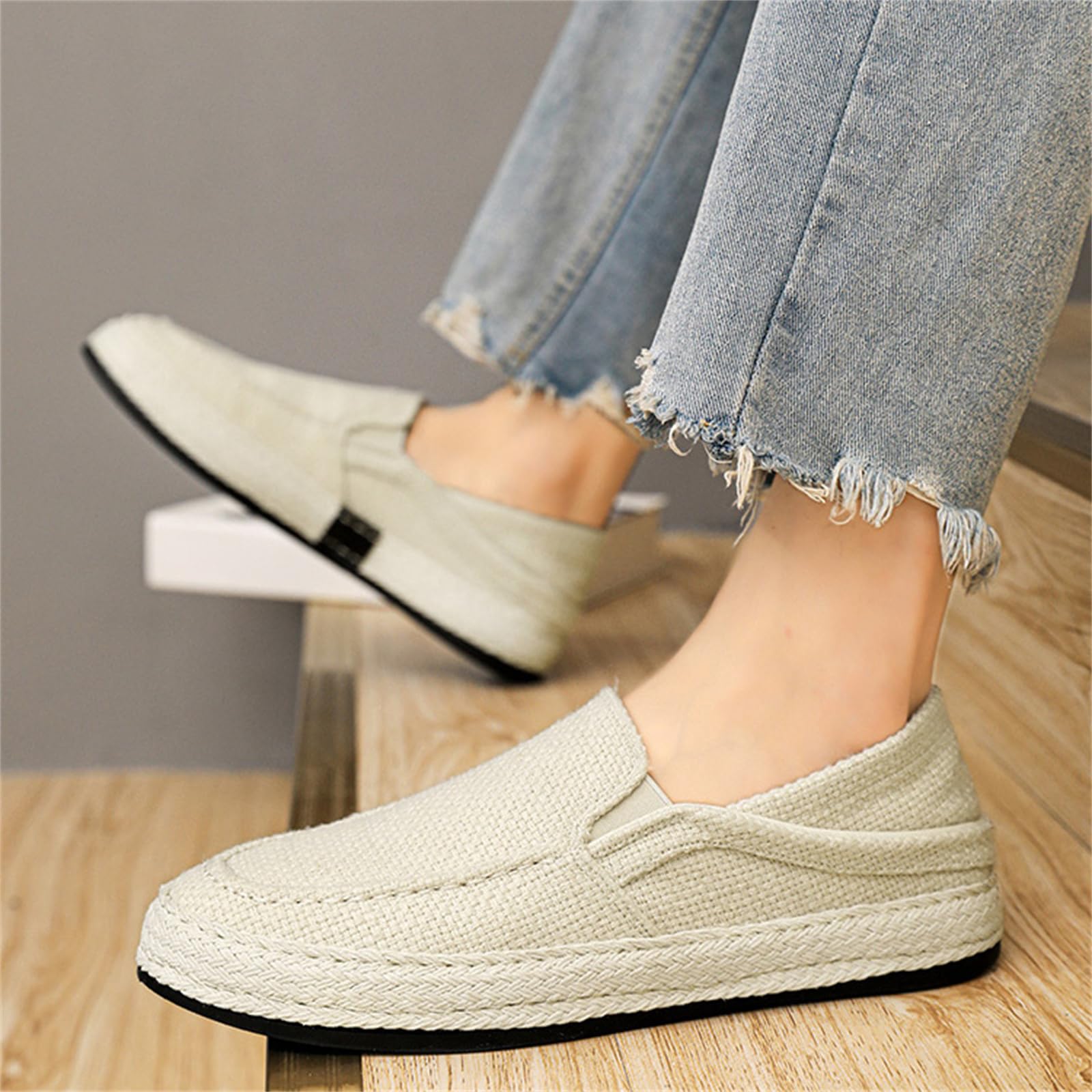 JiuQing Men's Slip-On Loafers - Breathable Linen Casual Shoes for Walking | Comfortable Summer Espadrilles | Perfect for Beach, Travel & Daily Wear